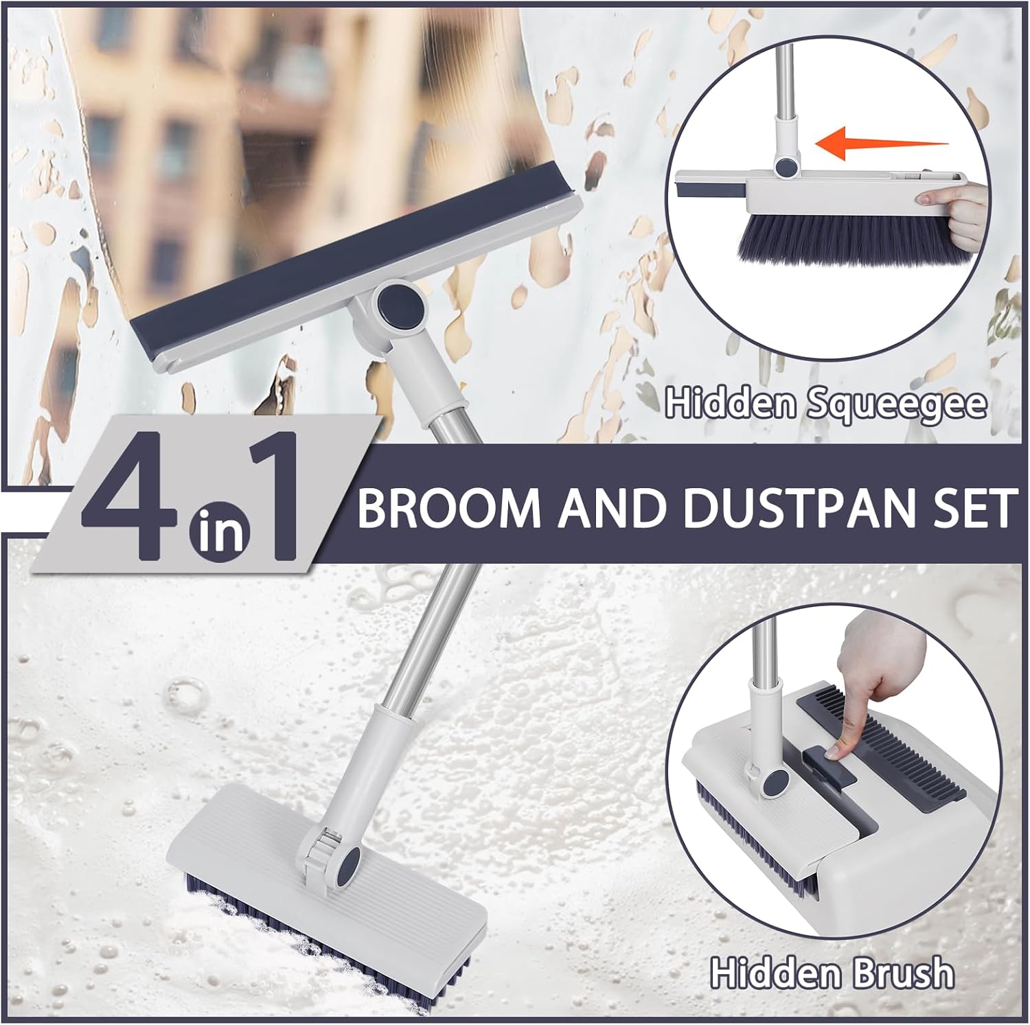 Moonval 4-in-1 Cleaning Dustpan Set, Broom, Squeegee & Brush Floor Cleaning System