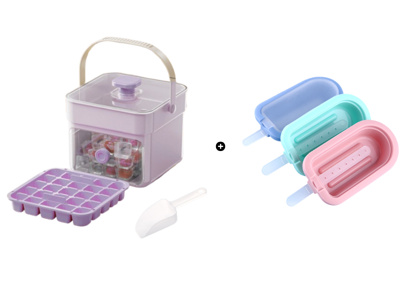 Moonval Ice Cube Maker Box, Press-to-Release Ice Tray with Storage Bin & Scoop