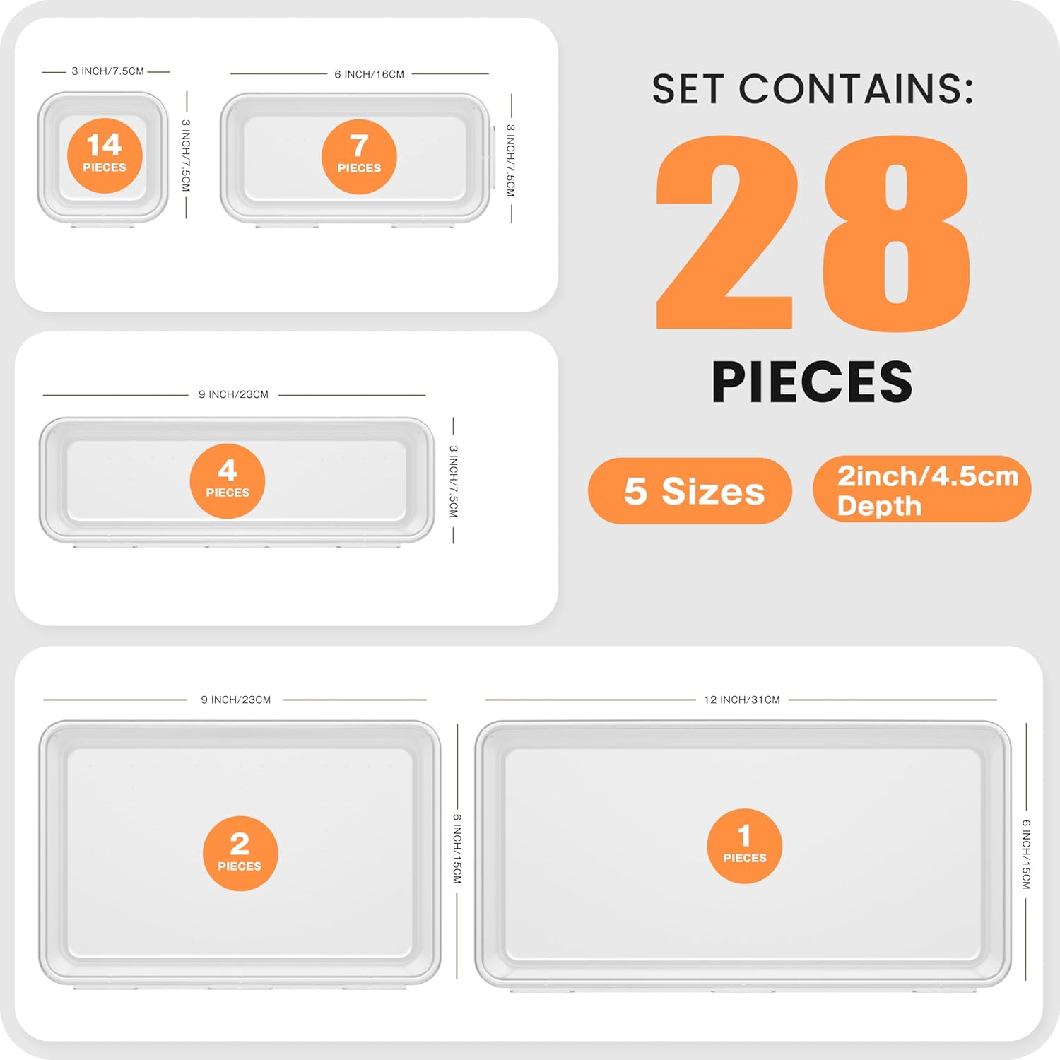 Moonval Clear Drawer Organizer Set, 5-Size Makeup & Desk Organizer Trays for Bathroom, Vanity & Office