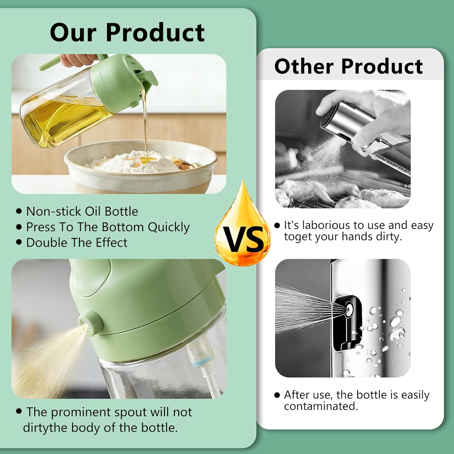 Moonval Oil Sprayer Set, 2-Pack 2-in-1 Oil Mister & Dispenser Bottles for Cooking, Air Fryer & BBQ