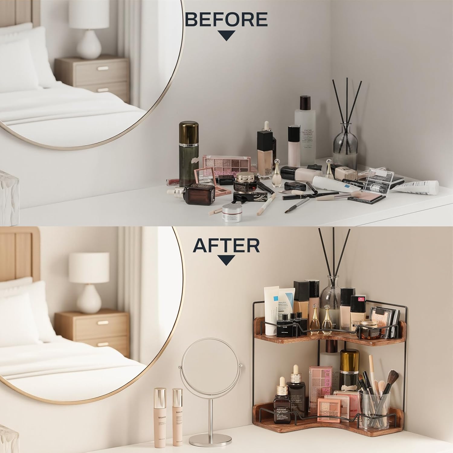Moonval Corner Countertop Organizer, 2-Tier Wooden Shelf for Vanity, Makeup, Skincare & Kitchen
