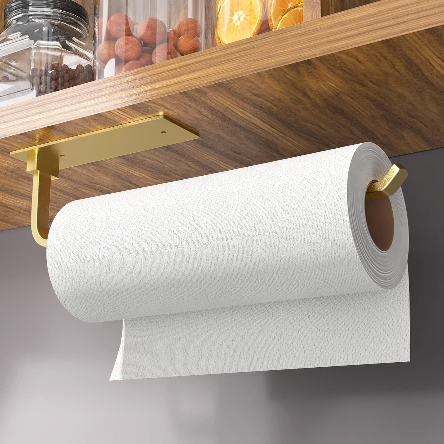 Moonval Paper Towel Holder, Under Cabinet Aluminum Kitchen Roll Holder with Self-Adhesive or Drill Mount, Gold