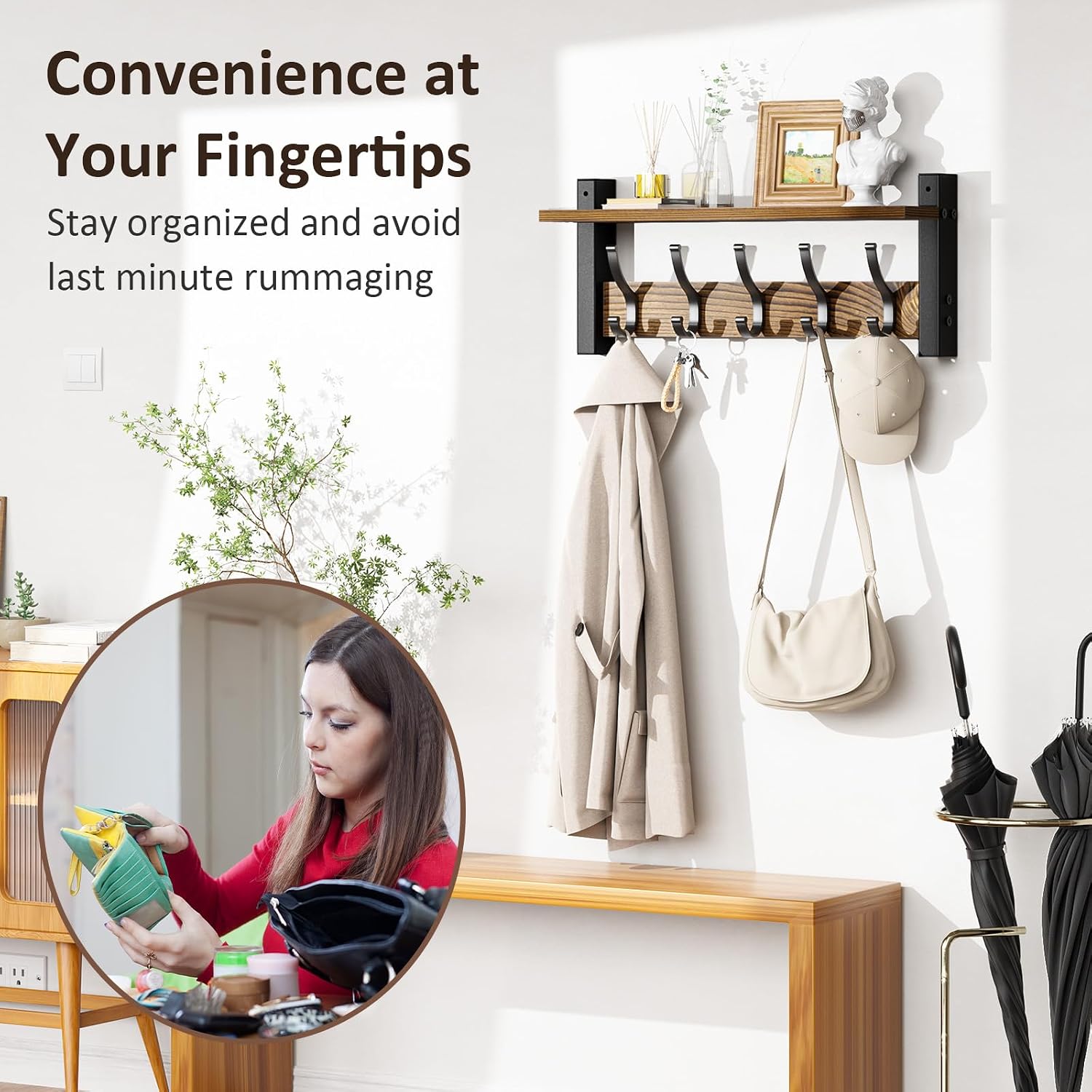 Moonval Wall Mounted Coat Rack, Entryway Shelf with 5 Metal Hooks for Coats, Keys, Hats & Bags