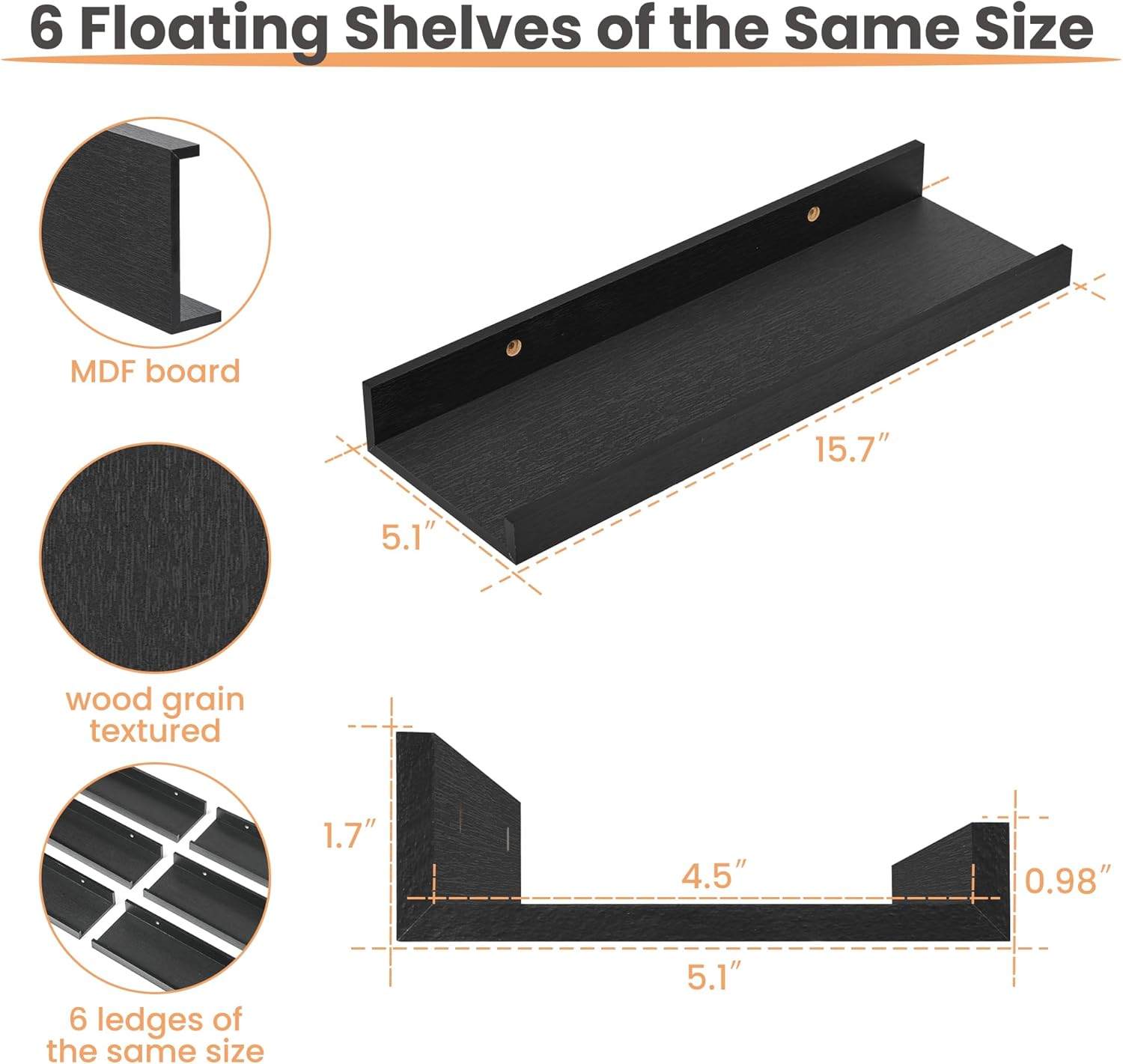 Moonval Floating Wall Shelves, Set of 6 Wood Storage & Display Shelves for Home Decor
