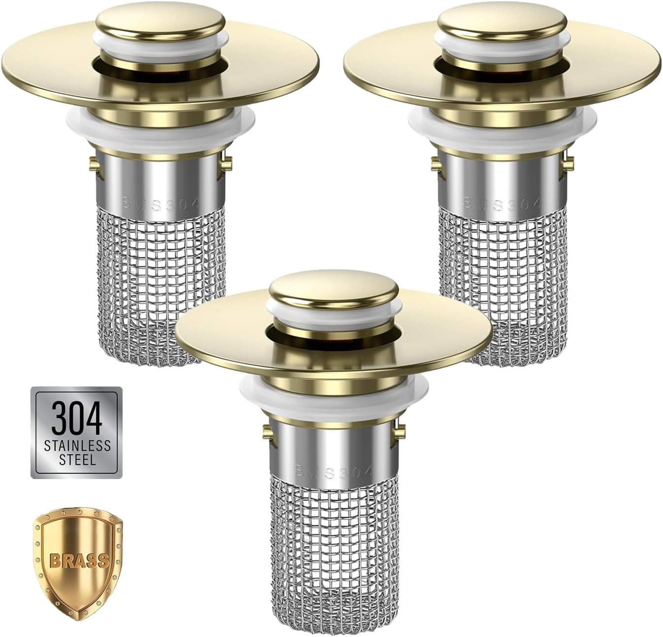 Moonval Bathroom Sink Drain Strainer, 2-Pack Pop-Up Sink Stopper with Removable Stainless Steel Hair Catcher