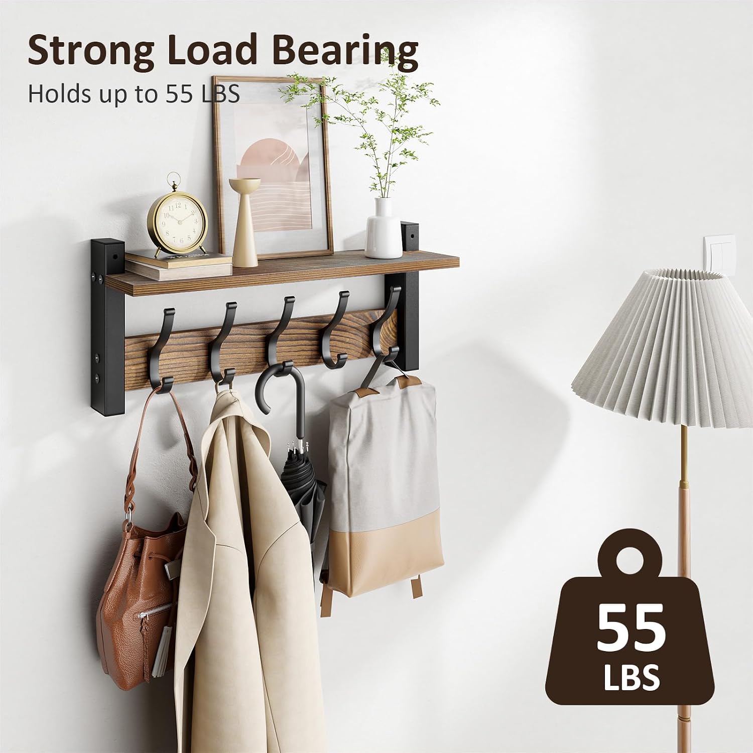 Moonval Wall Mounted Coat Rack, Entryway Shelf with 5 Metal Hooks for Coats, Keys, Hats & Bags