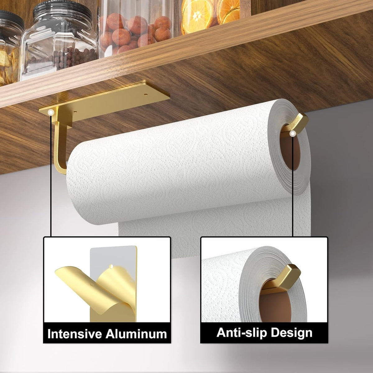 Moonval Paper Towel Holder, Under Cabinet Aluminum Kitchen Roll Holder with Self-Adhesive or Drill Mount, Gold