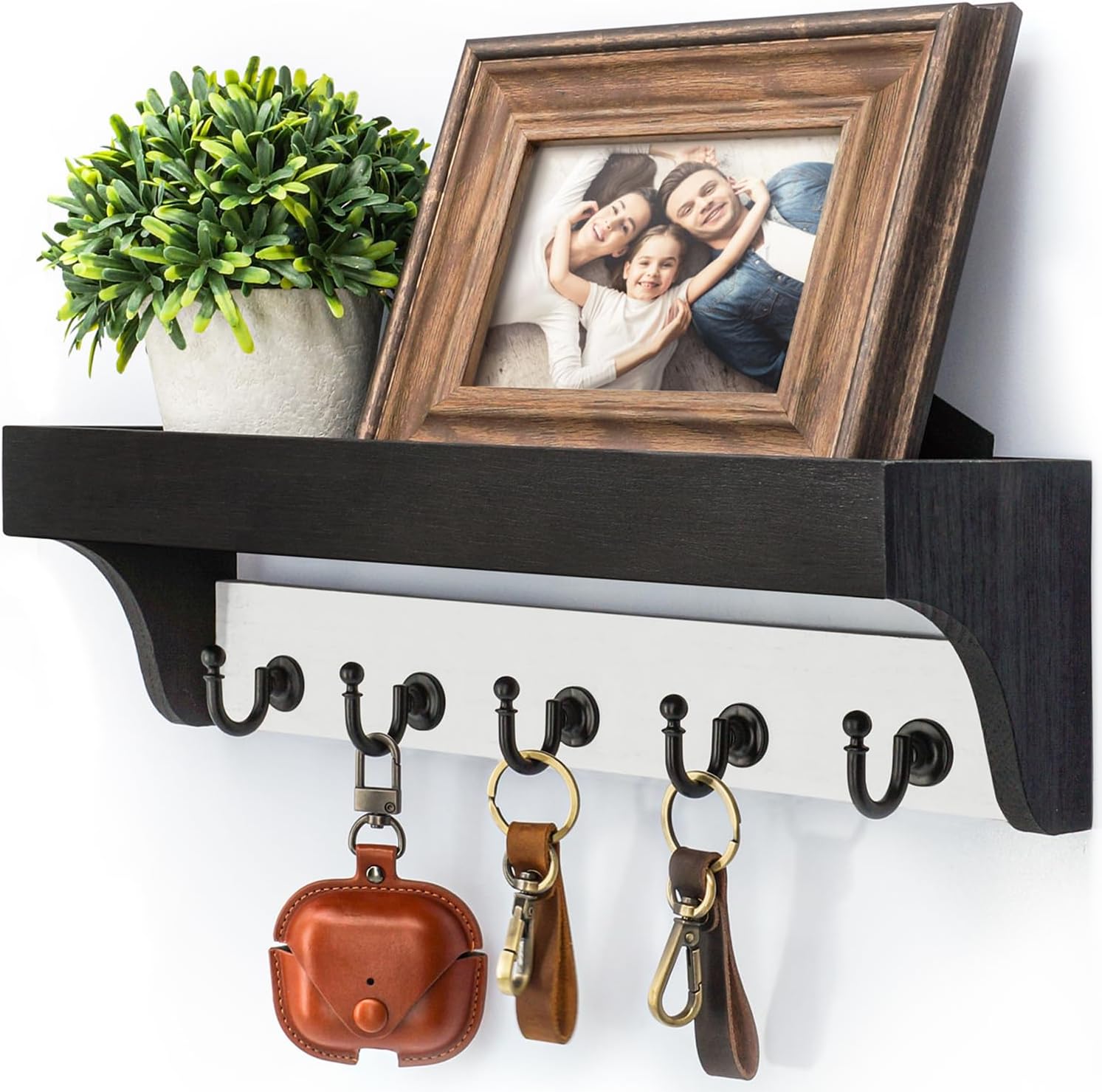 Moonval Wall Key Holder, Wooden Mail Organizer with Floating Shelf & 5 Hooks for Entryway