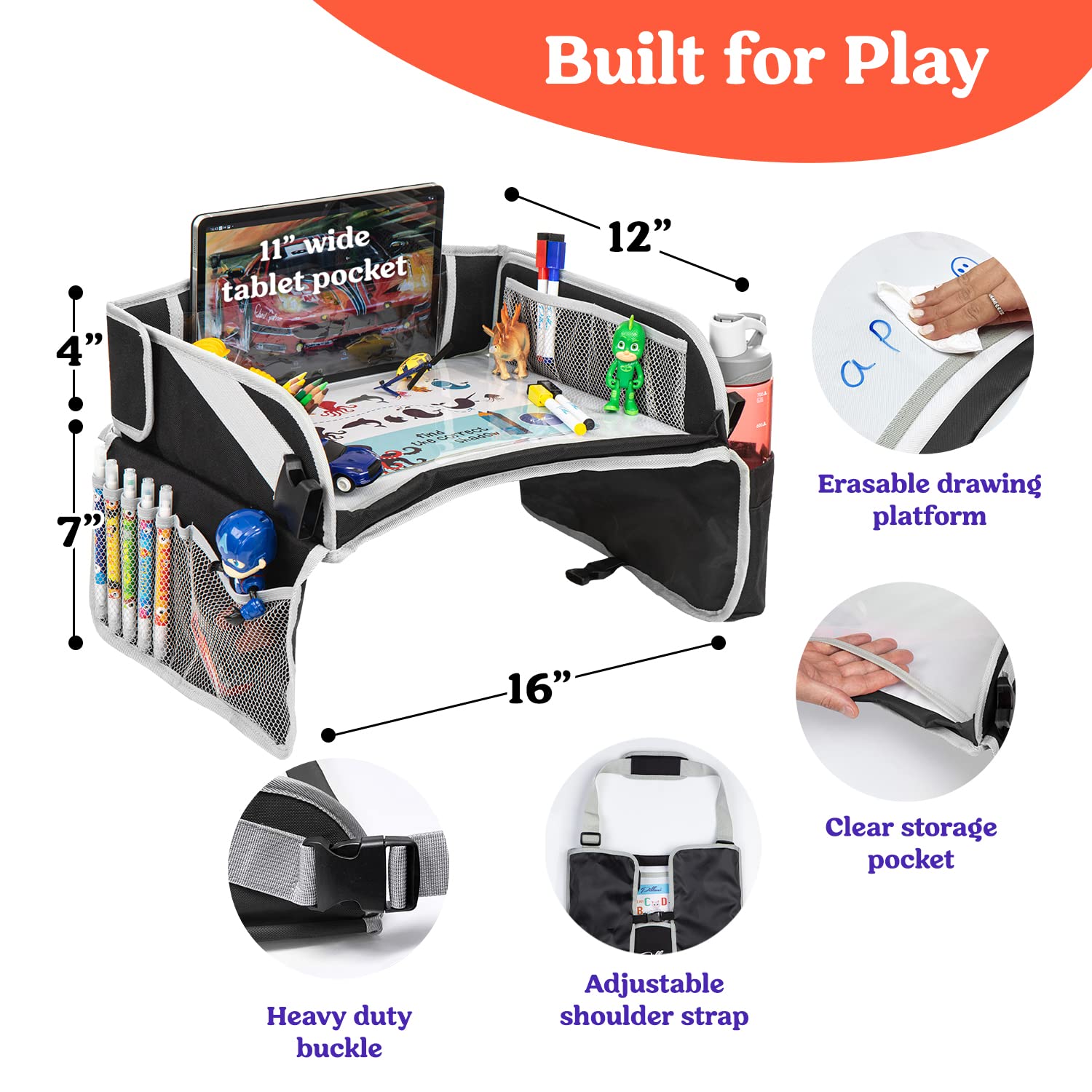 Moonval Kids Travel Tray, Car Seat Activity Lap Desk with Storage Pockets, Activity Sheets & Pens