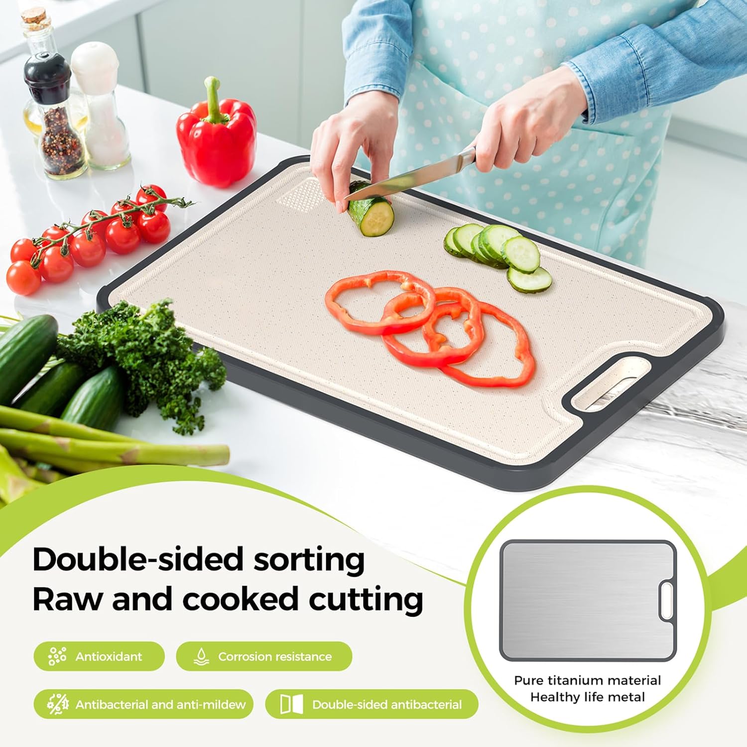 Moonval Titanium Cutting Board, Double-Sided Food-Grade Titanium & PP Chopping Board