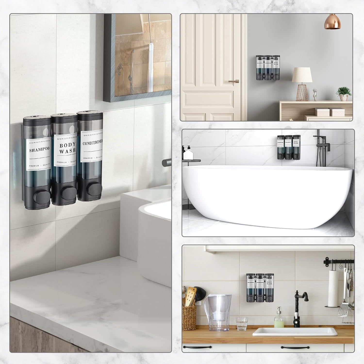 Moonval 3-Chamber Shower Dispenser, No-Drill Wall-Mounted Shampoo & Soap Organizer