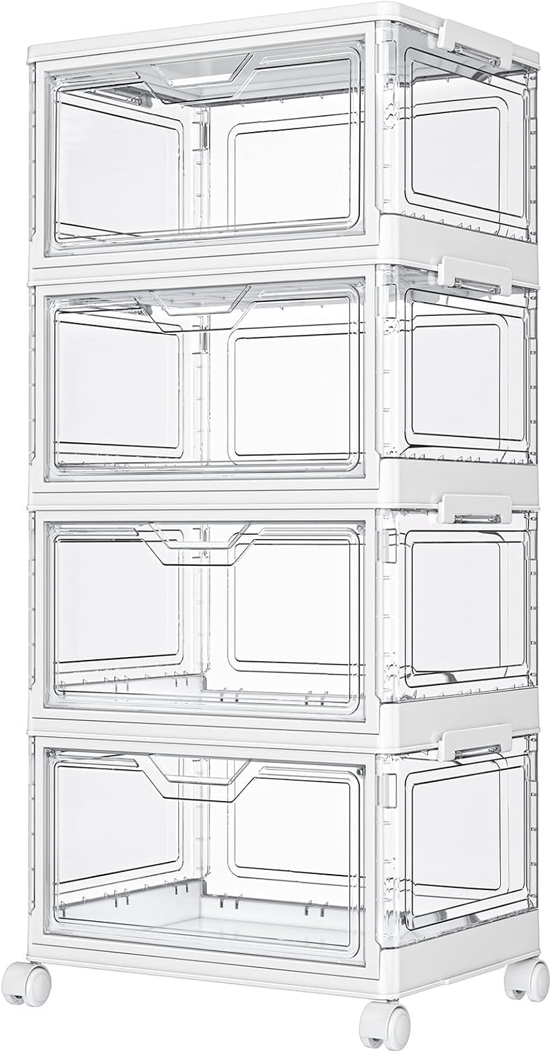 Moonval Clear Storage Bins, 3-Pack Foldable Stackable Containers with Lids & Magnetic Doors