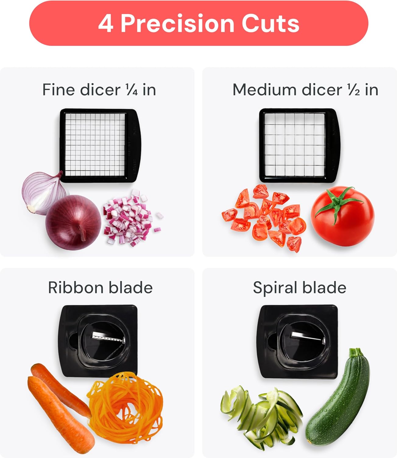 Moonval Vegetable Chopper, 4-in-1 Food Chopper & Spiralizer with Container for Kitchen Prep