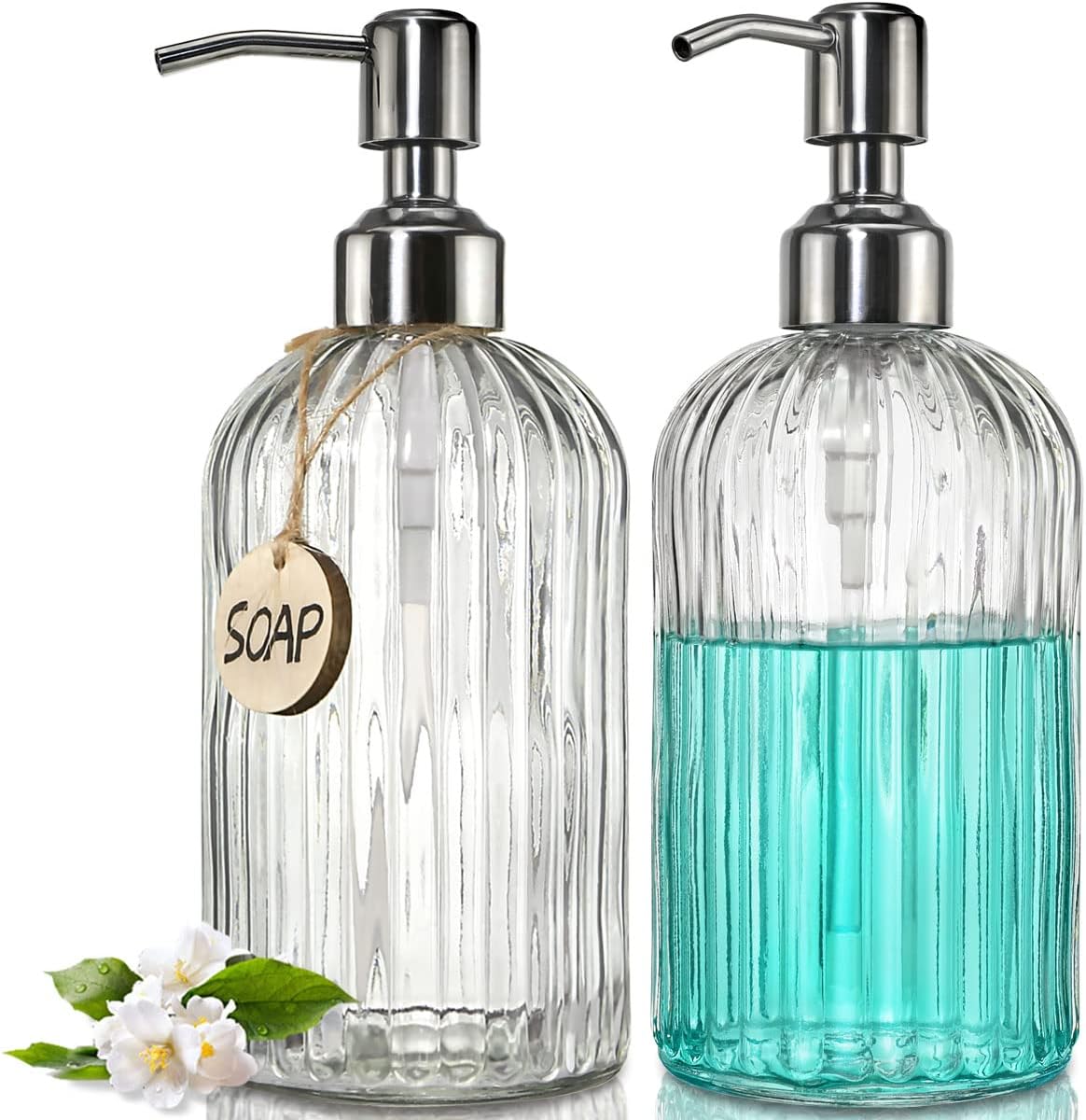 Moonval Glass Soap Dispenser, 18 oz Refillable Bottle with Rustproof Stainless Steel Pump