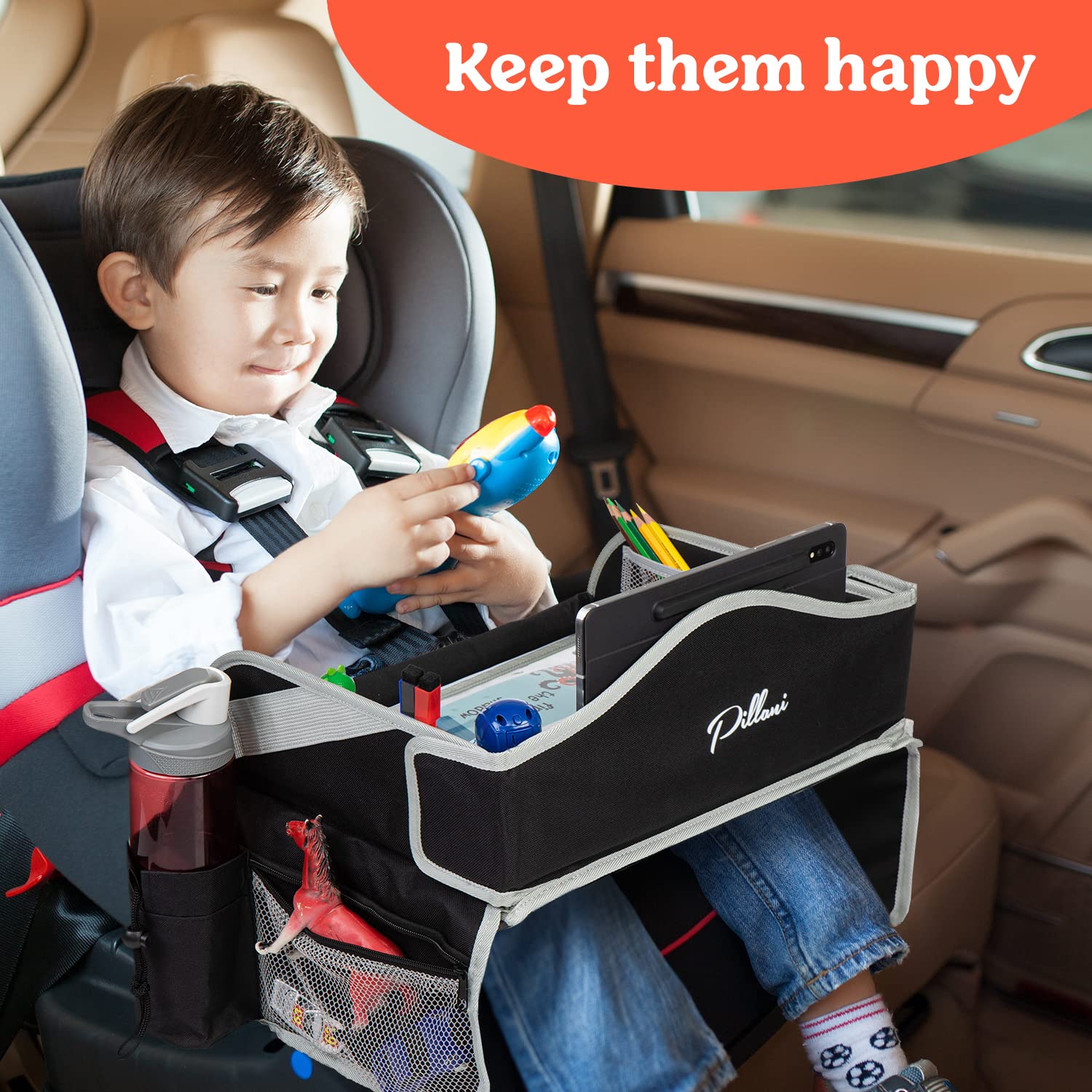 Moonval Kids Travel Tray, Car Seat Activity Lap Desk with Storage Pockets, Activity Sheets & Pens