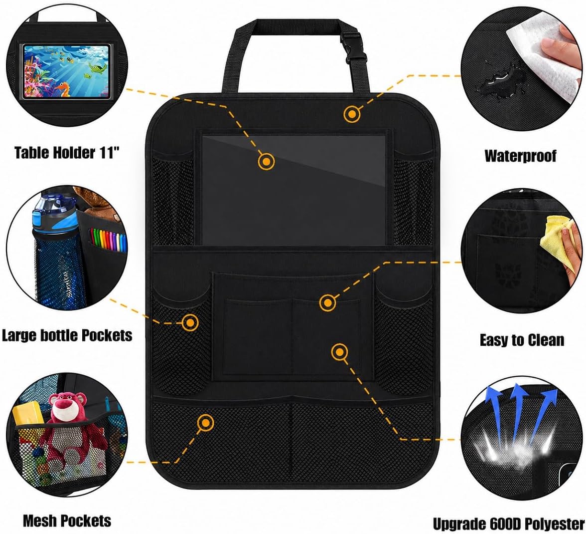 Moonval Backseat Car Organizer, 2-Pack Seat Protectors with Foldable Tray, 9 Pockets & Tablet Holder