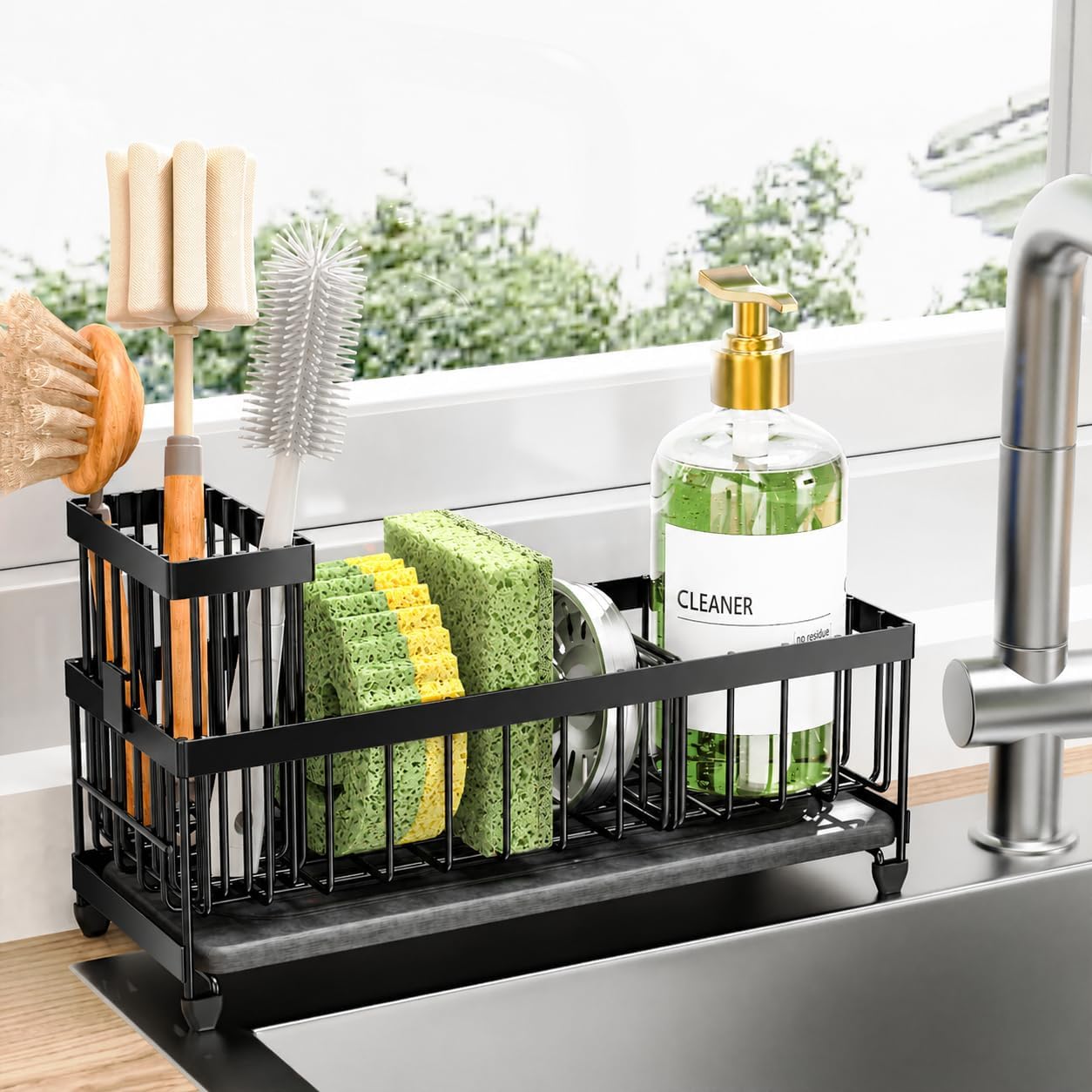 Moonval Kitchen Sink Caddy, 304 Stainless Steel Sponge Holder with Removable Brush Rack
