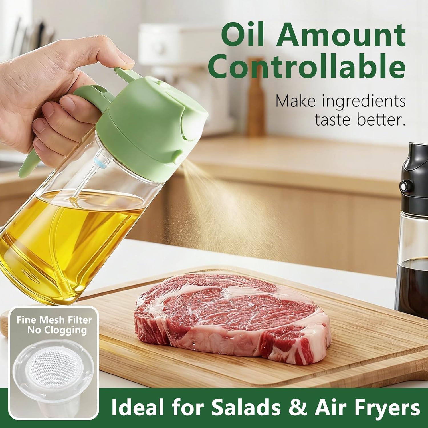 Moonval Oil Sprayer Set, 2-Pack 2-in-1 Oil Mister & Dispenser Bottles for Cooking, Air Fryer & BBQ