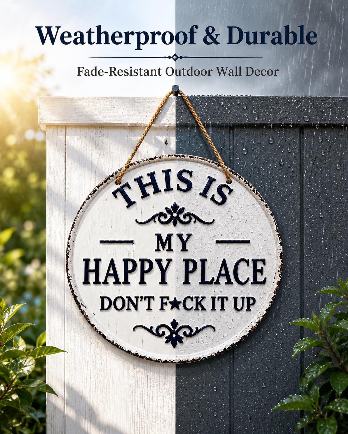 Moonval Funny Metal Garden Sign, Vintage Round Tin Wall Plaque for Patio, Front Door & Home Decor