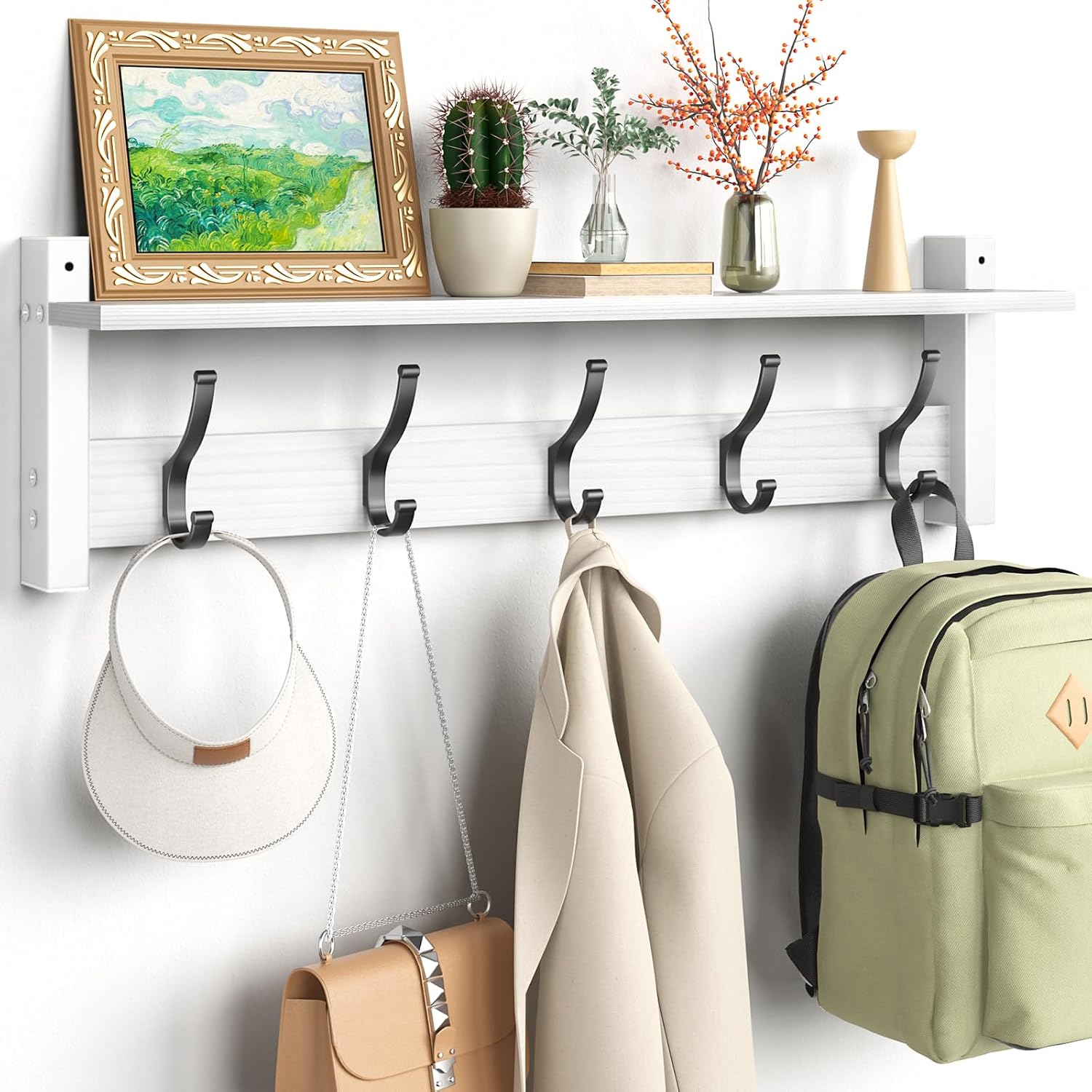 Moonval Wall Mounted Coat Rack, Entryway Shelf with 5 Metal Hooks for Coats, Keys, Hats & Bags
