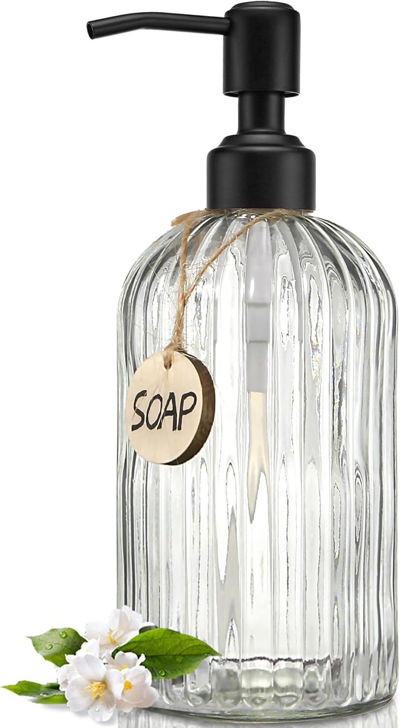 Moonval Glass Soap Dispenser, 18 oz Refillable Bottle with Rustproof Stainless Steel Pump