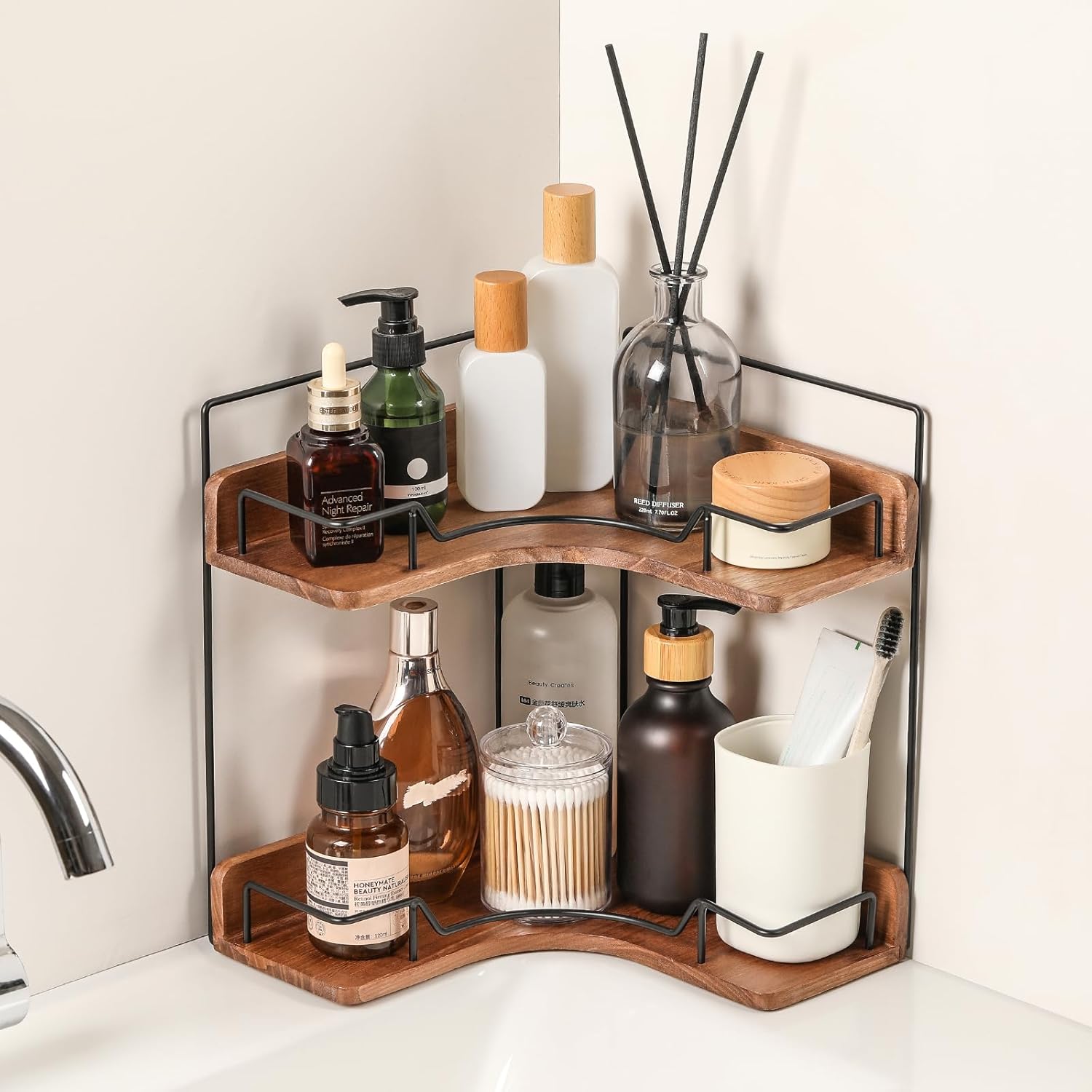 Moonval Corner Countertop Organizer, 2-Tier Wooden Shelf for Vanity, Makeup, Skincare & Kitchen