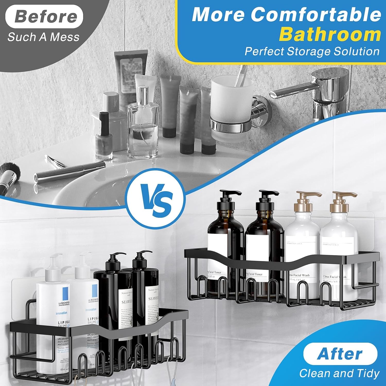 Moonval Adhesive Shower Caddy, 5-Pack Rustproof Stainless Steel Bathroom Organizer Shelves