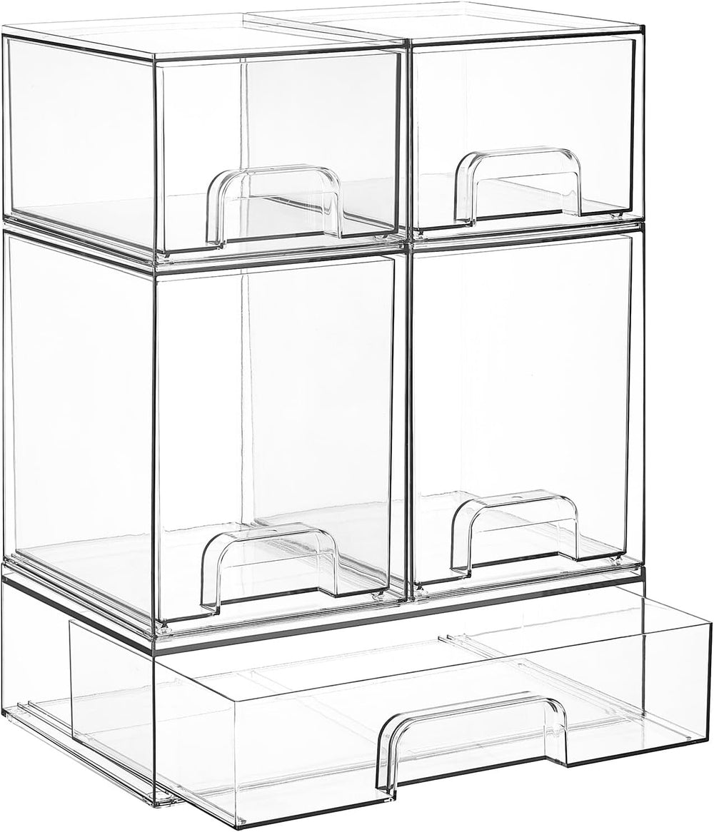 Moonval Stackable Storage Drawers, 5-Pack Clear Plastic Organizer Bins for Kitchen, Bathroom & Pantry