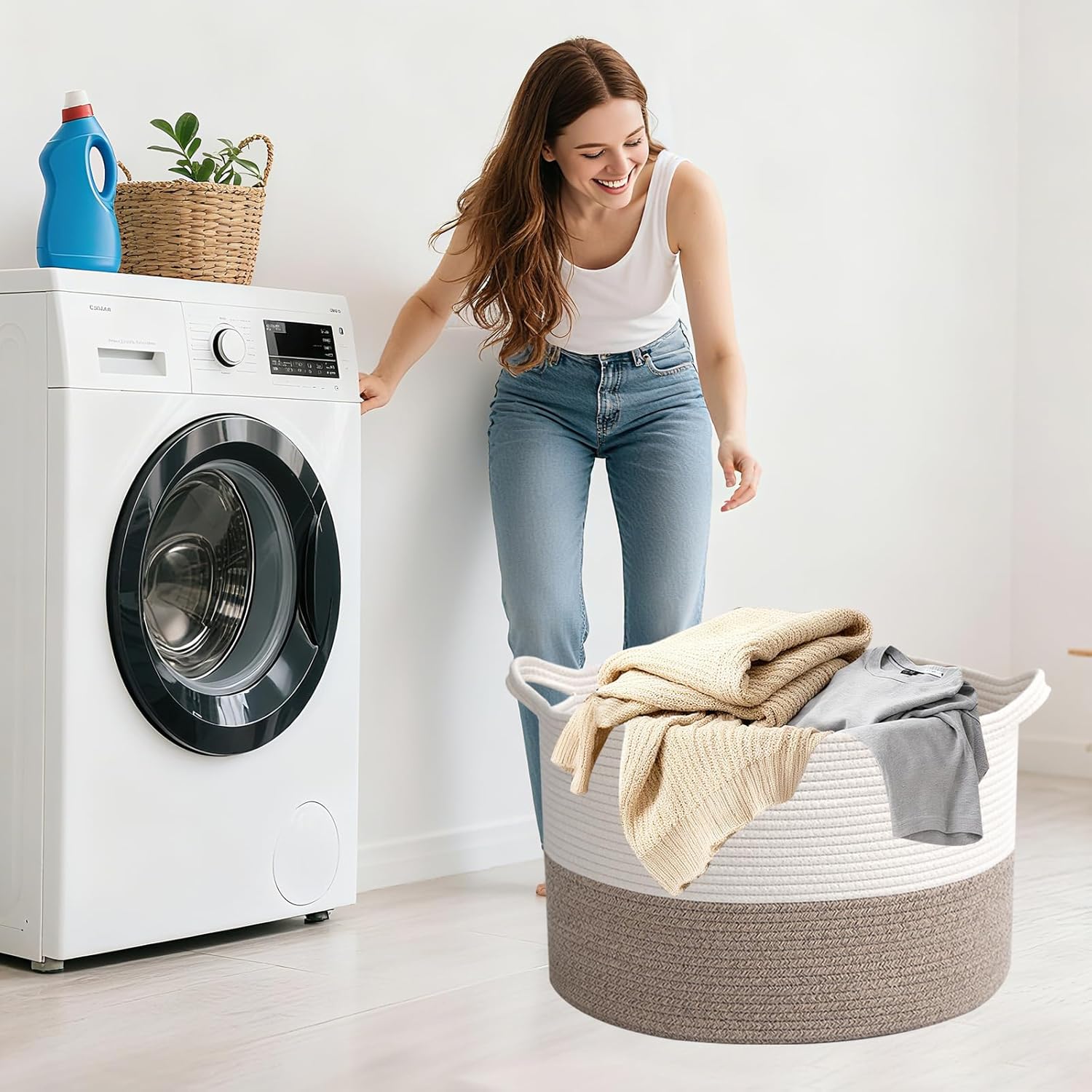 Moonval Woven Blanket Basket, Cotton Rope Storage Hamper with Handles for Laundry, Toys & Blankets