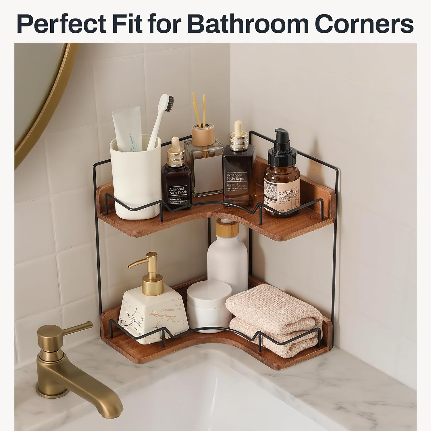 Moonval Corner Countertop Organizer, 2-Tier Wooden Shelf for Vanity, Makeup, Skincare & Kitchen