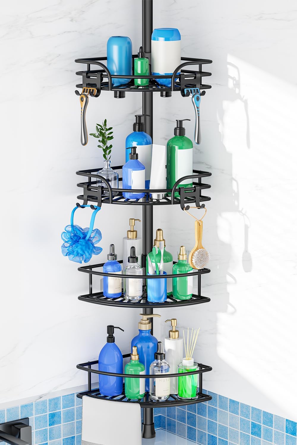 Moonval Corner Shower Caddy, 4-Tier Adjustable Rustproof Tension Pole Organizer with Towel Bar