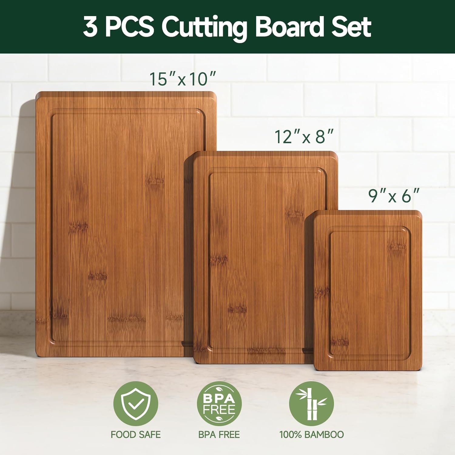Moonval Bamboo Cutting Board Set, 3-Piece Carbonized Wood Chopping Boards with Juice Grooves