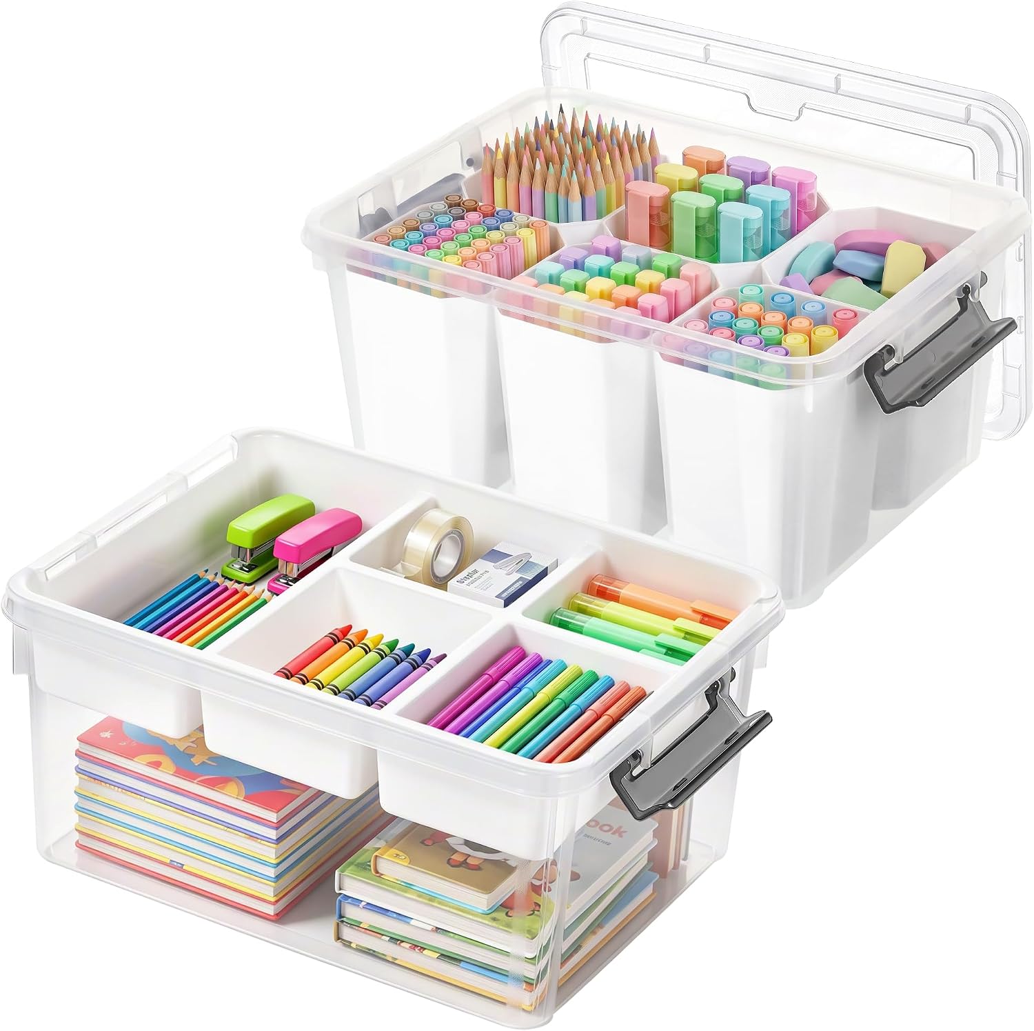Moonval Craft Storage Box, Clear Organizer with Removable Tray for Art & Sewing Supplies