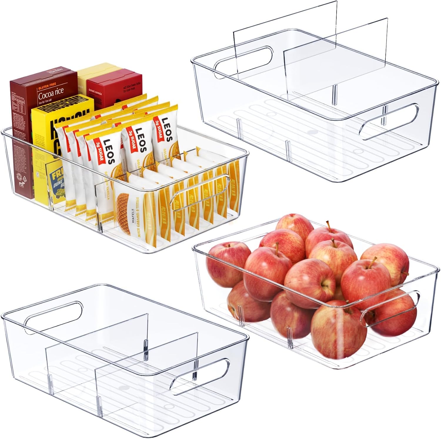 Moonval Pantry Storage Bins, 6-Pack Clear Organizers with Removable Dividers for Kitchen & Refrigerator