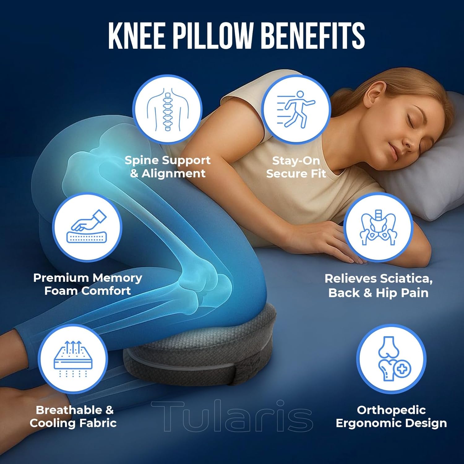 Moonval Memory Foam Knee Pillow, Leg Cushion with Adjustable Strap for Side Sleepers