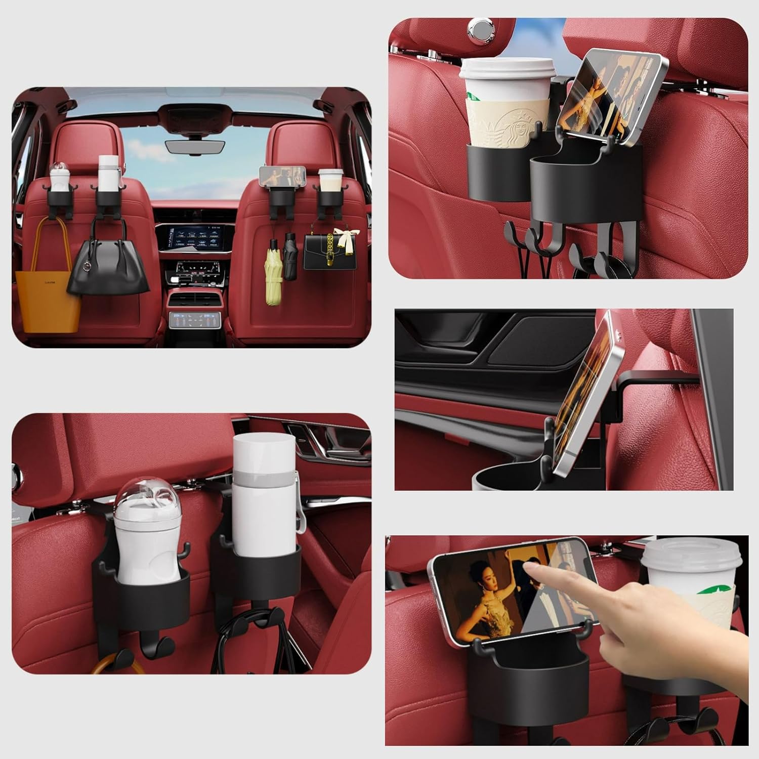 Moonval Car Seat Cup Holder & Phone Mount, Headrest Organizer with Bag Hooks