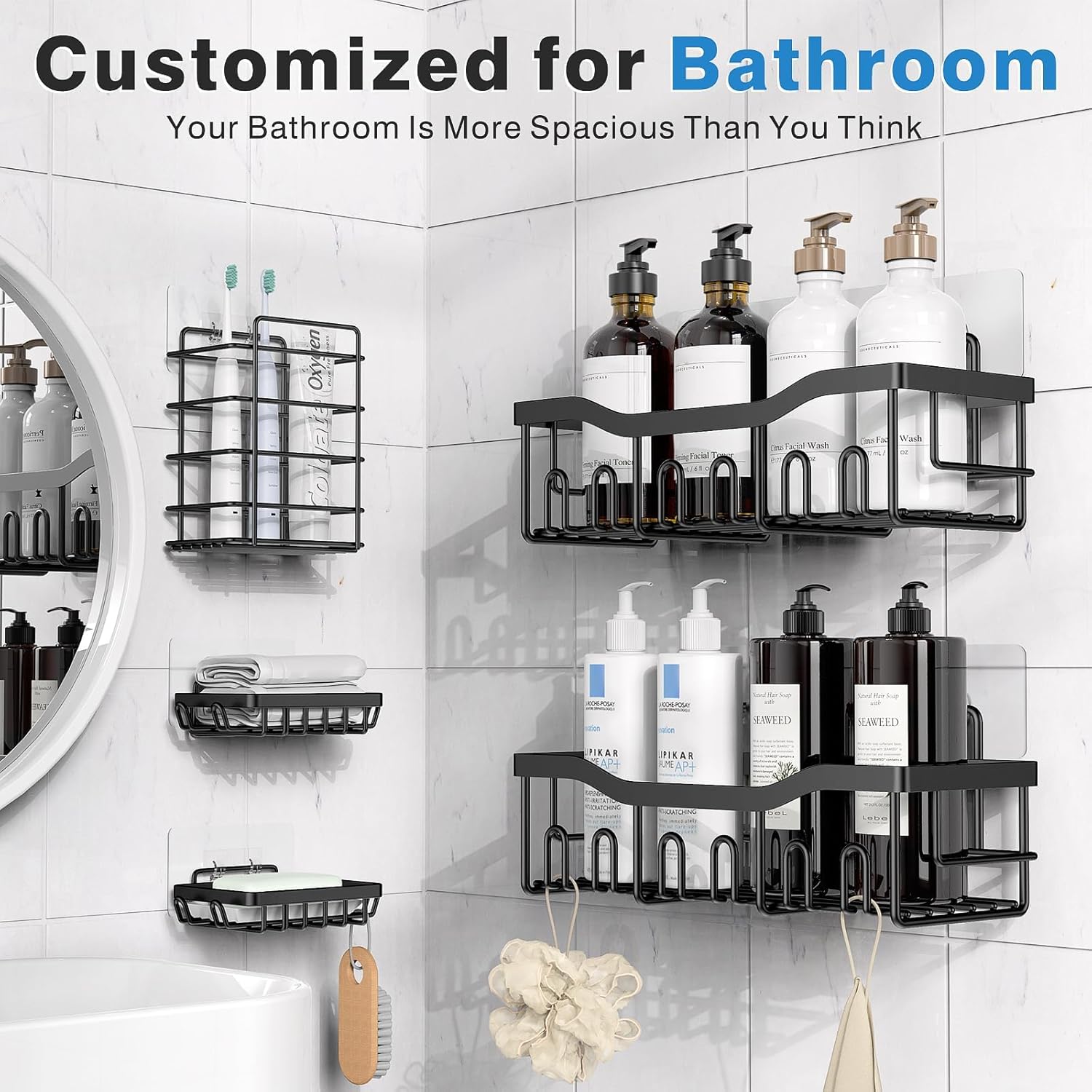 Moonval Adhesive Shower Caddy, 5-Pack Rustproof Stainless Steel Bathroom Organizer Shelves