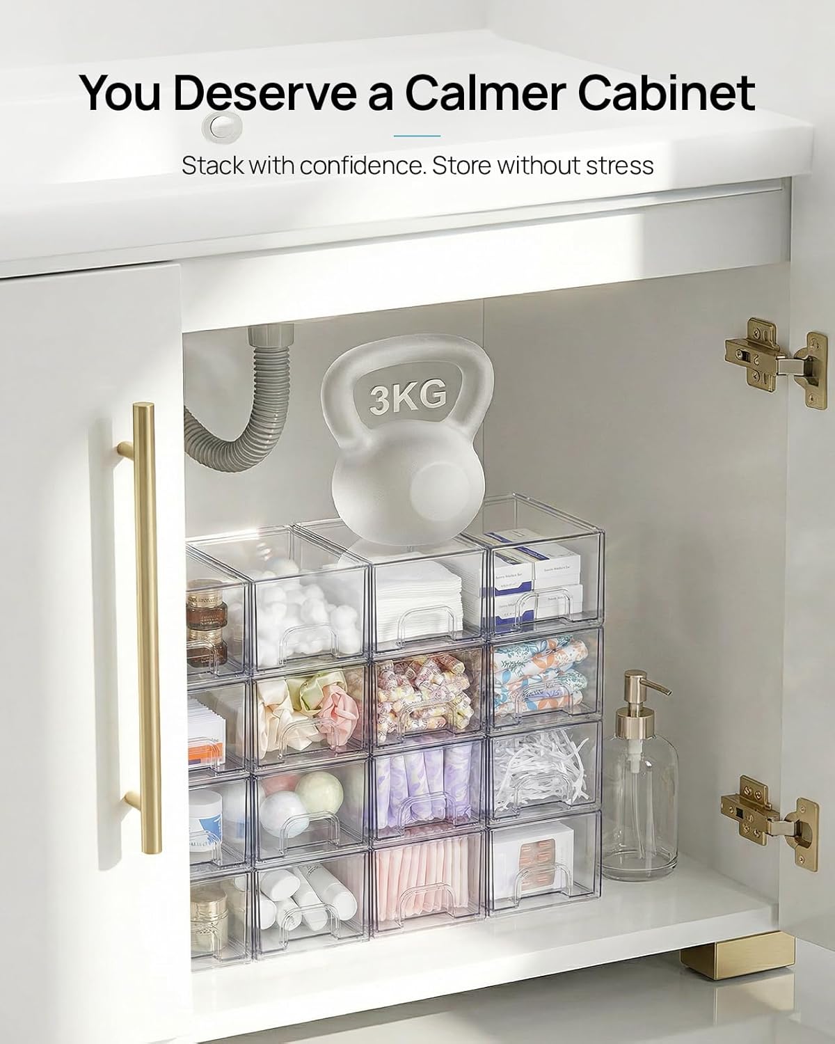 Moonval Clear Storage Drawers, 4-Pack Stackable Acrylic Organizer Bins for Bathroom, Kitchen & Pantry