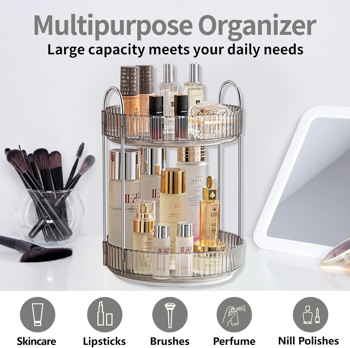 Moonval Makeup Organizer Carousel, 360° Rotating Vanity Storage Rack for Cosmetics & Skincare