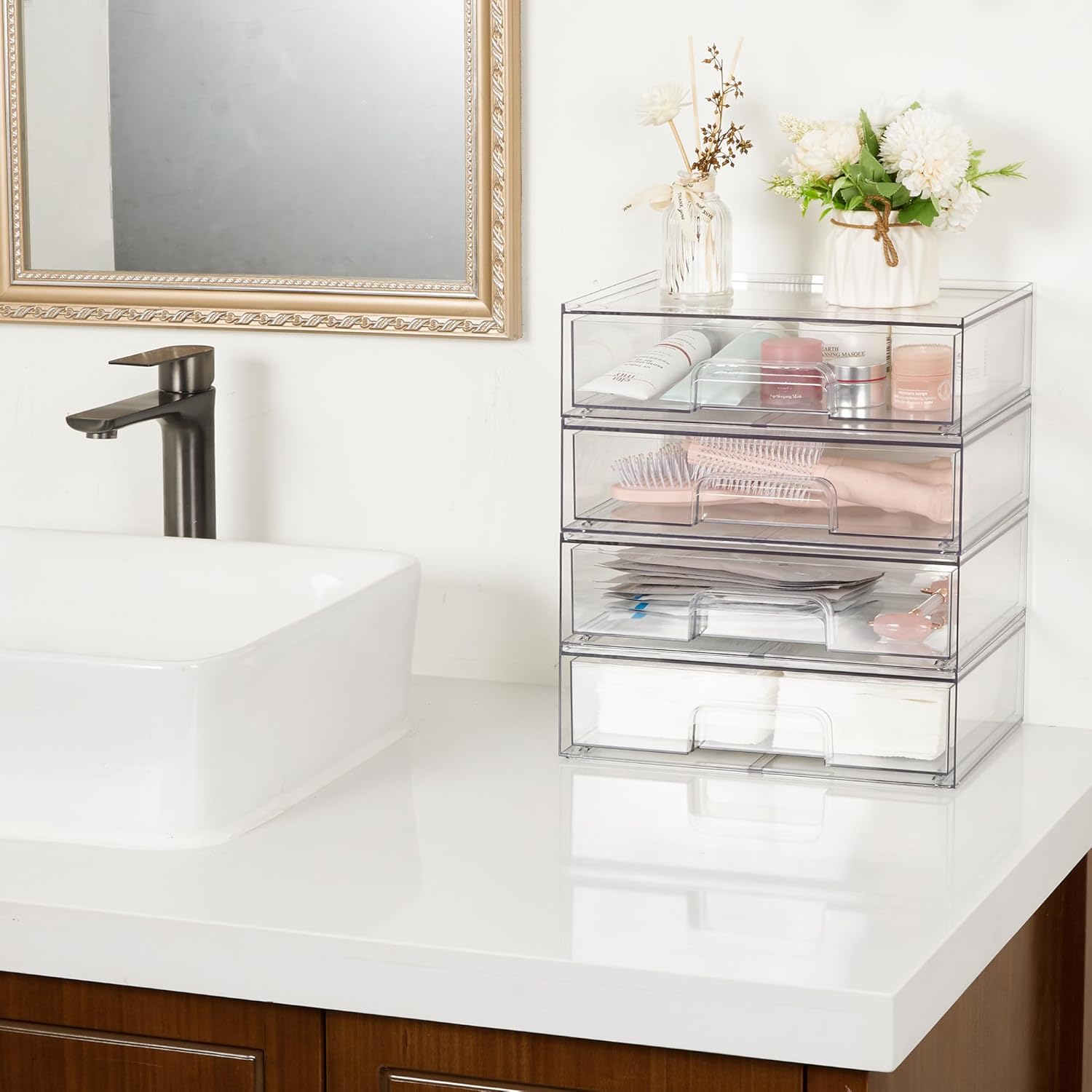 Moonval Clear Storage Drawers, Stackable Acrylic Organizers for Makeup & Bathroom