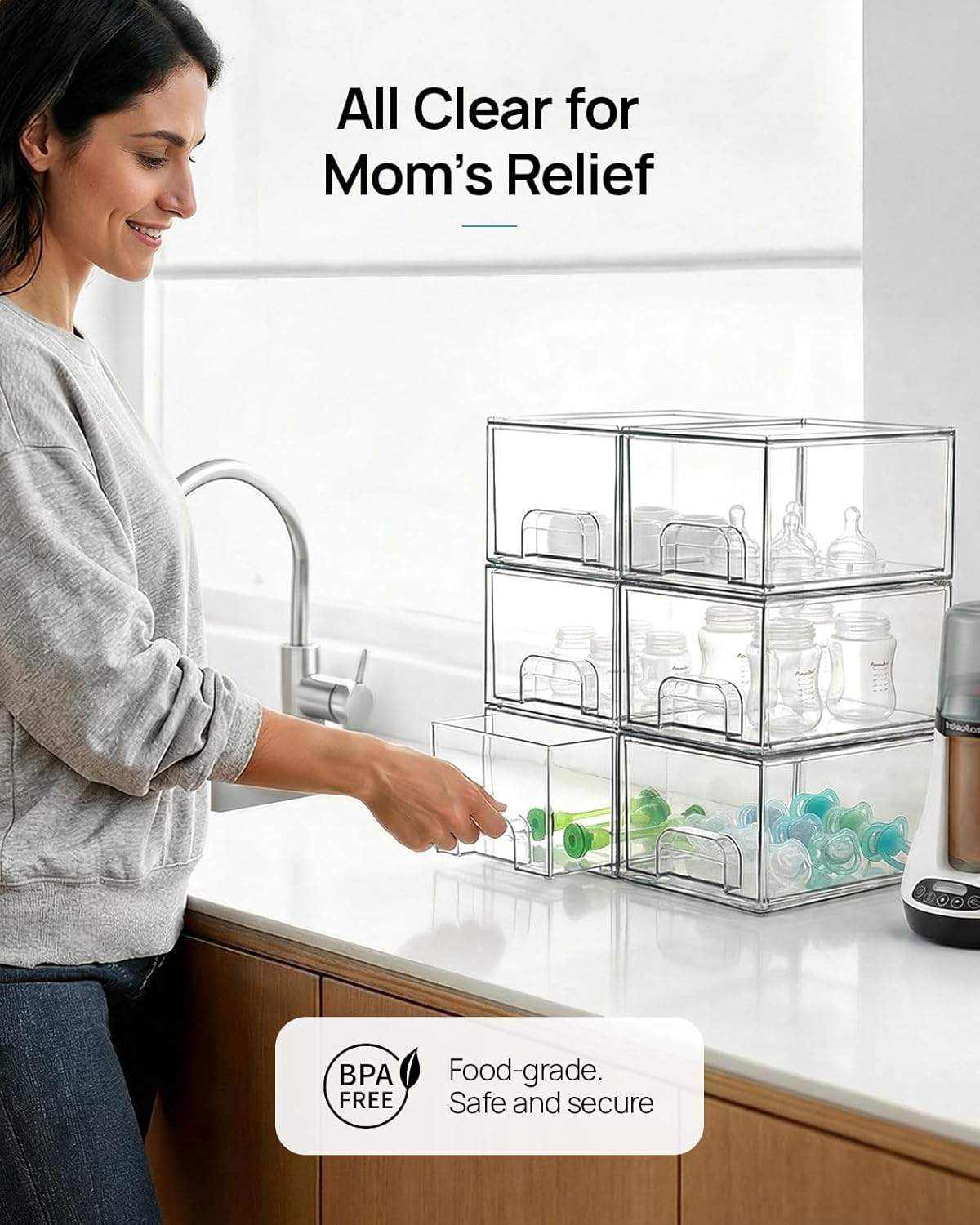 Moonval Clear Storage Drawers, 4-Pack Stackable Acrylic Organizer Bins for Bathroom, Kitchen & Pantry