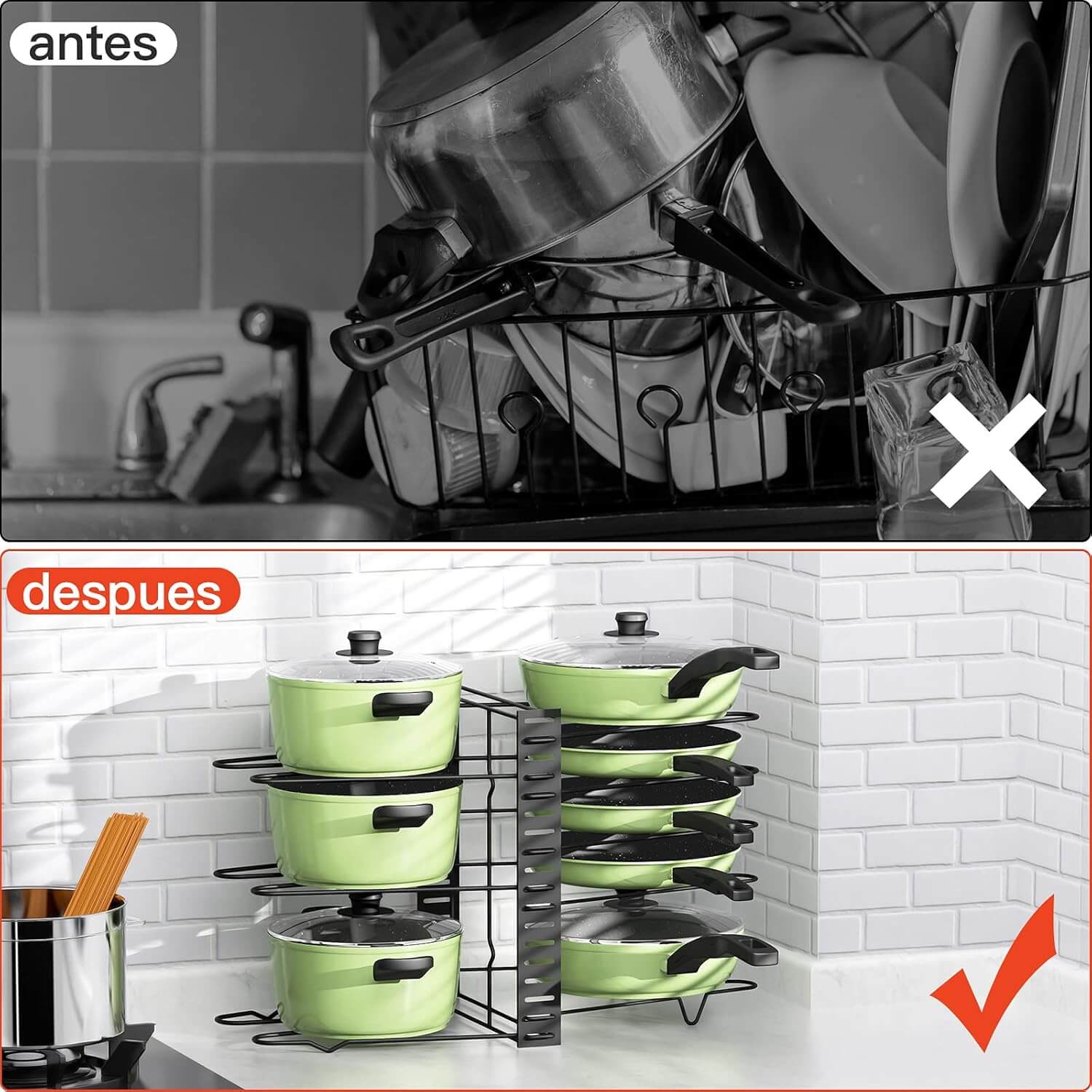 Moonval Adjustable Pot & Pan Organizer Rack, 2-in-1 Kitchen Cookware Storage Stand