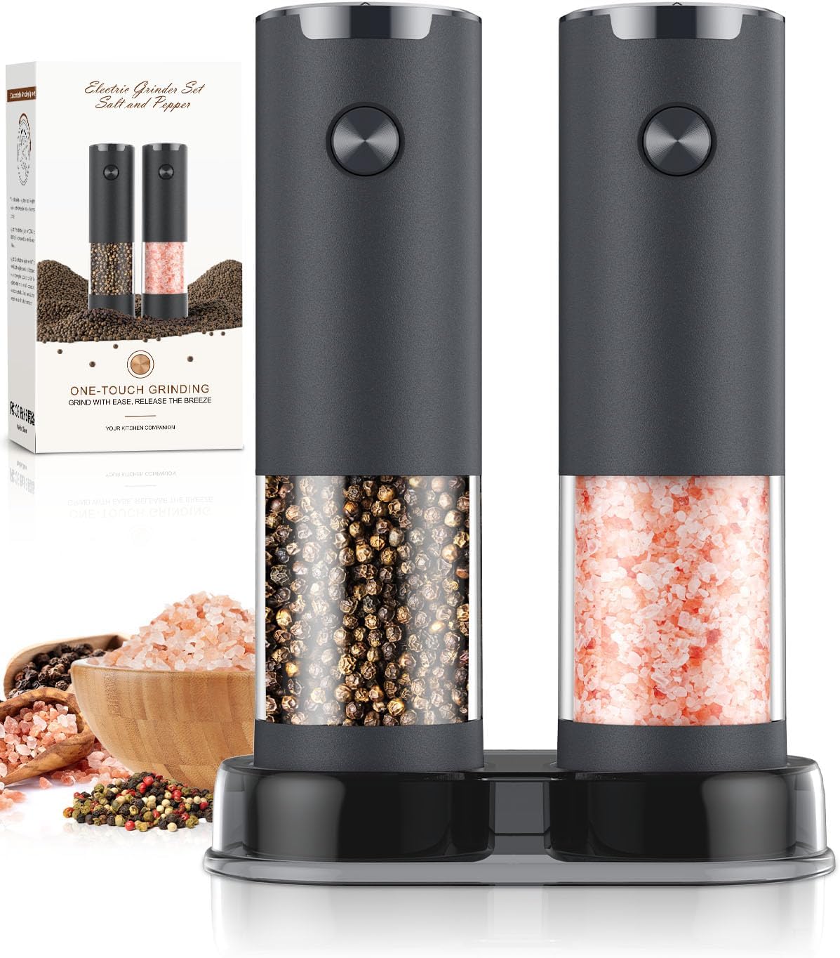 Moonval Electric Salt & Pepper Grinder Set, Automatic Battery-Operated Mills with Adjustable Coarseness