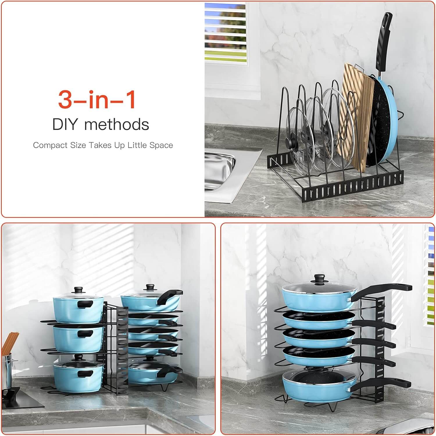 Moonval Adjustable Pot & Pan Organizer Rack, 2-in-1 Kitchen Cookware Storage Stand