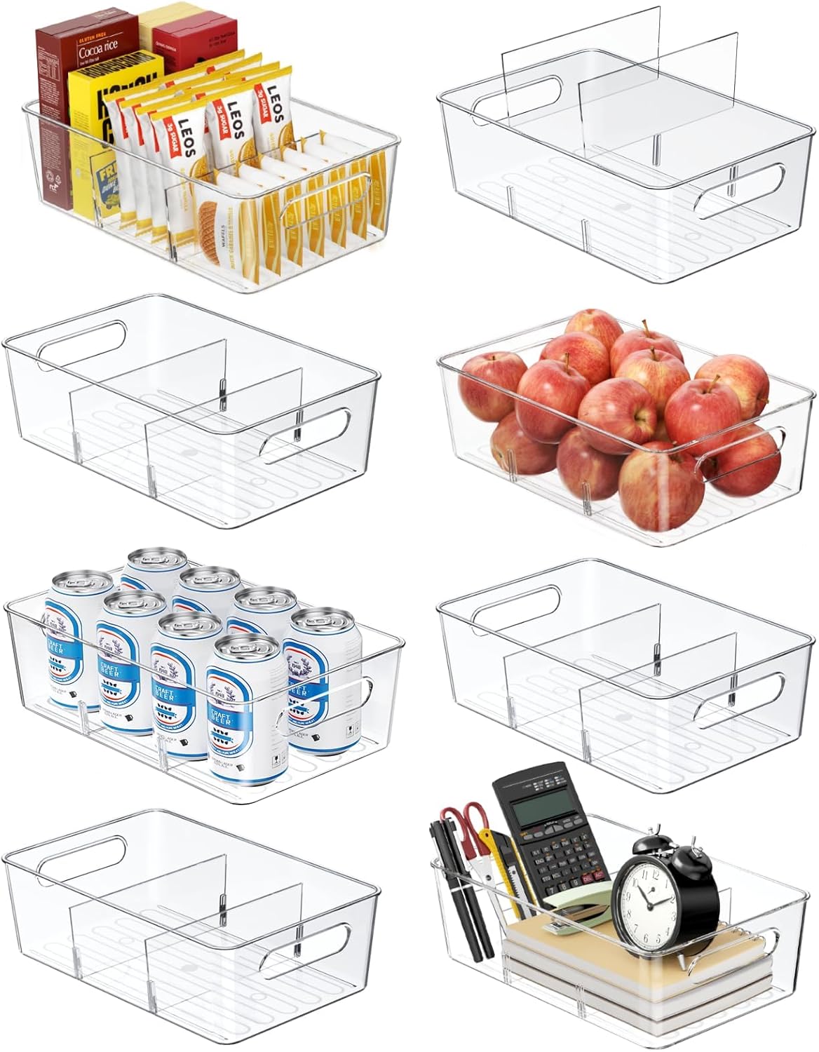Moonval Pantry Storage Bins, 6-Pack Clear Organizers with Removable Dividers for Kitchen & Refrigerator