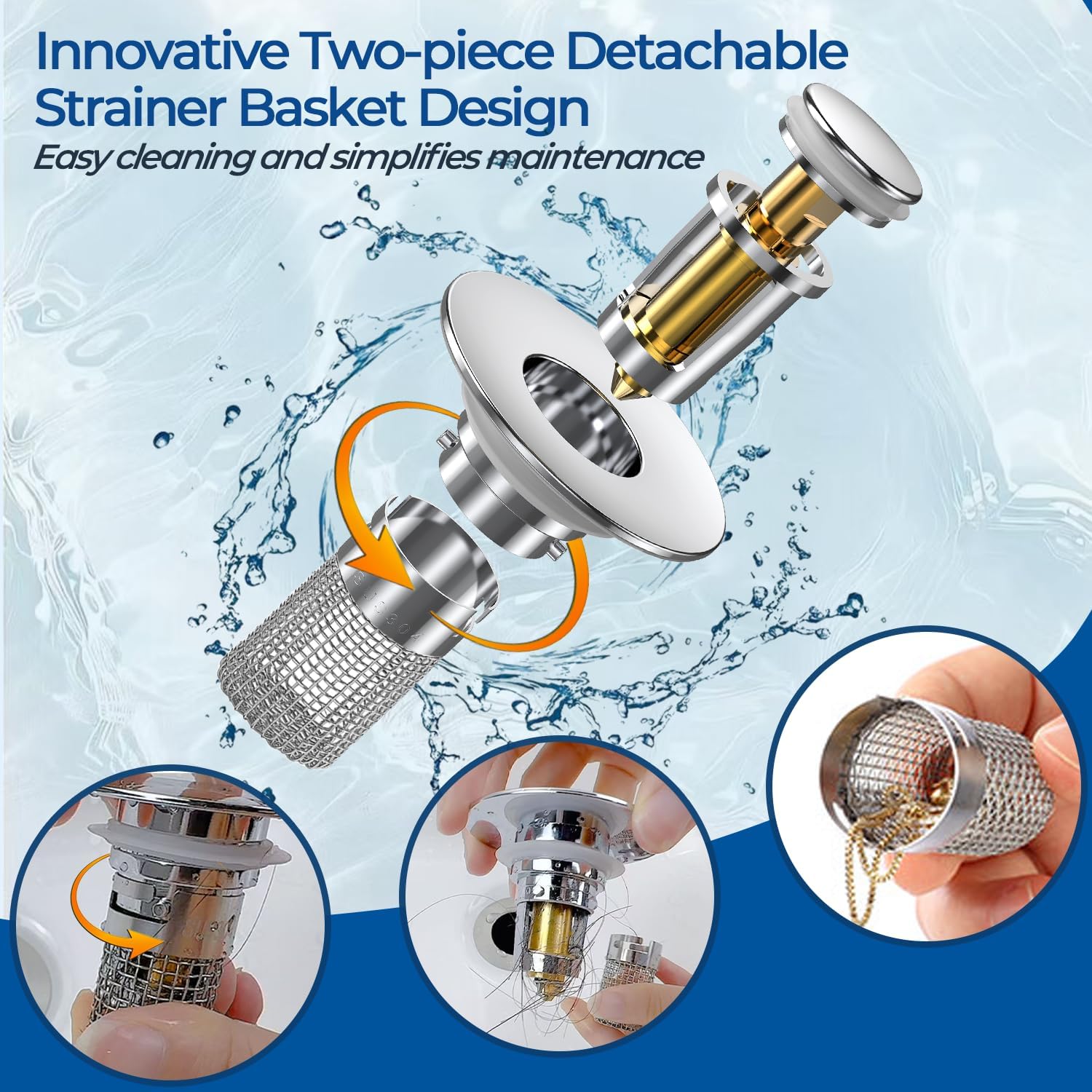 Moonval Bathroom Sink Drain Strainer, 2-Pack Pop-Up Sink Stopper with Removable Stainless Steel Hair Catcher