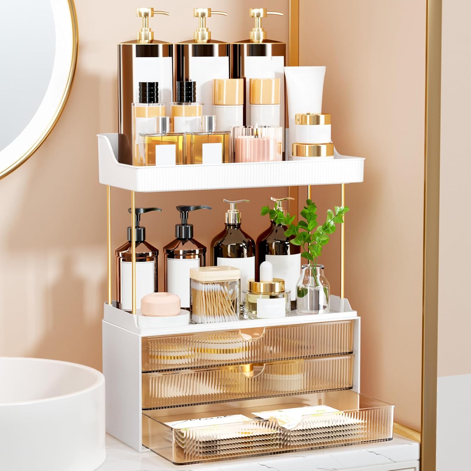 Moonval Makeup Organizer, 5-Tier Vanity Storage with 3 Large Drawers for Cosmetics & Skincare