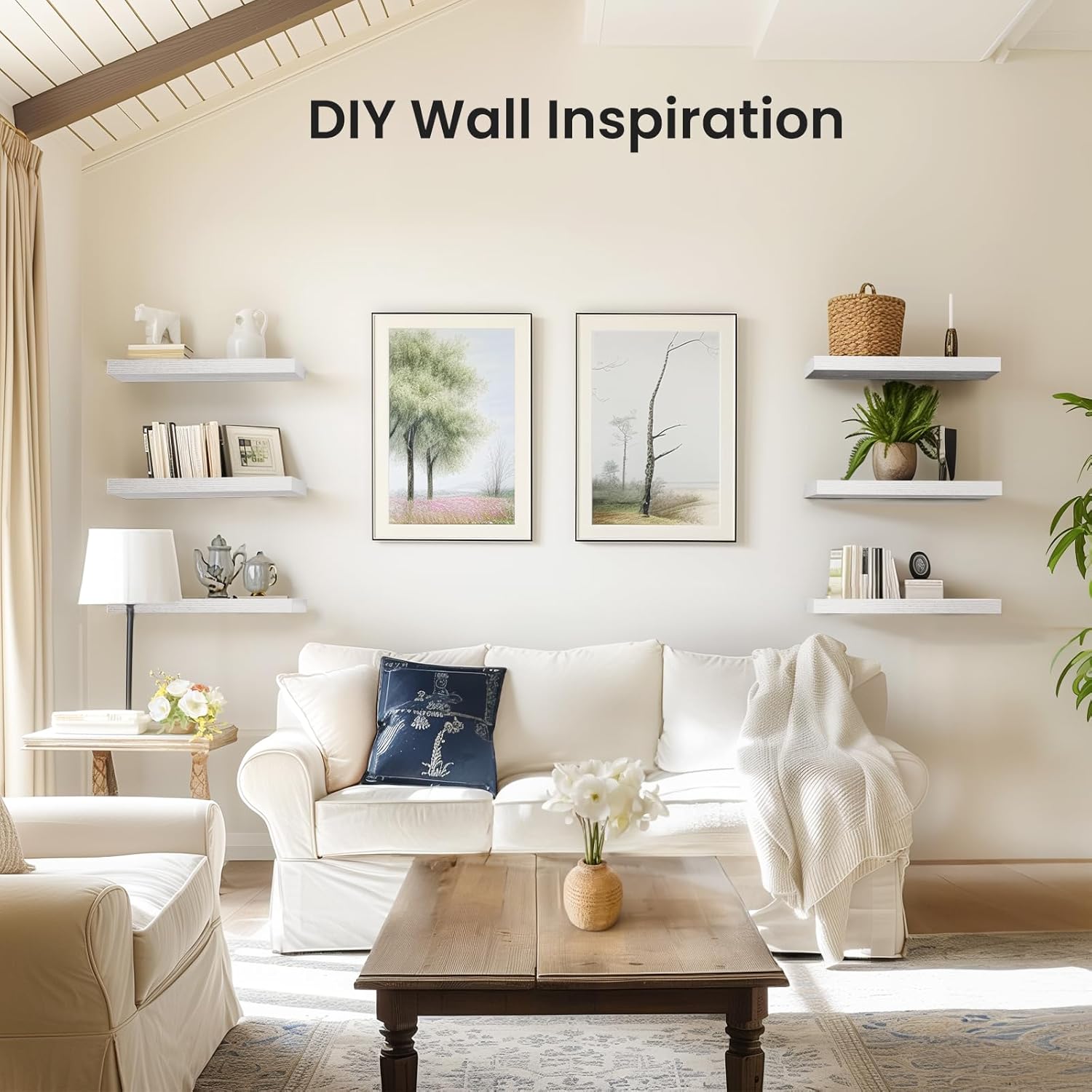 Moonval Floating Wall Shelves, Set of 3 White Storage & Display Shelves with Invisible Brackets