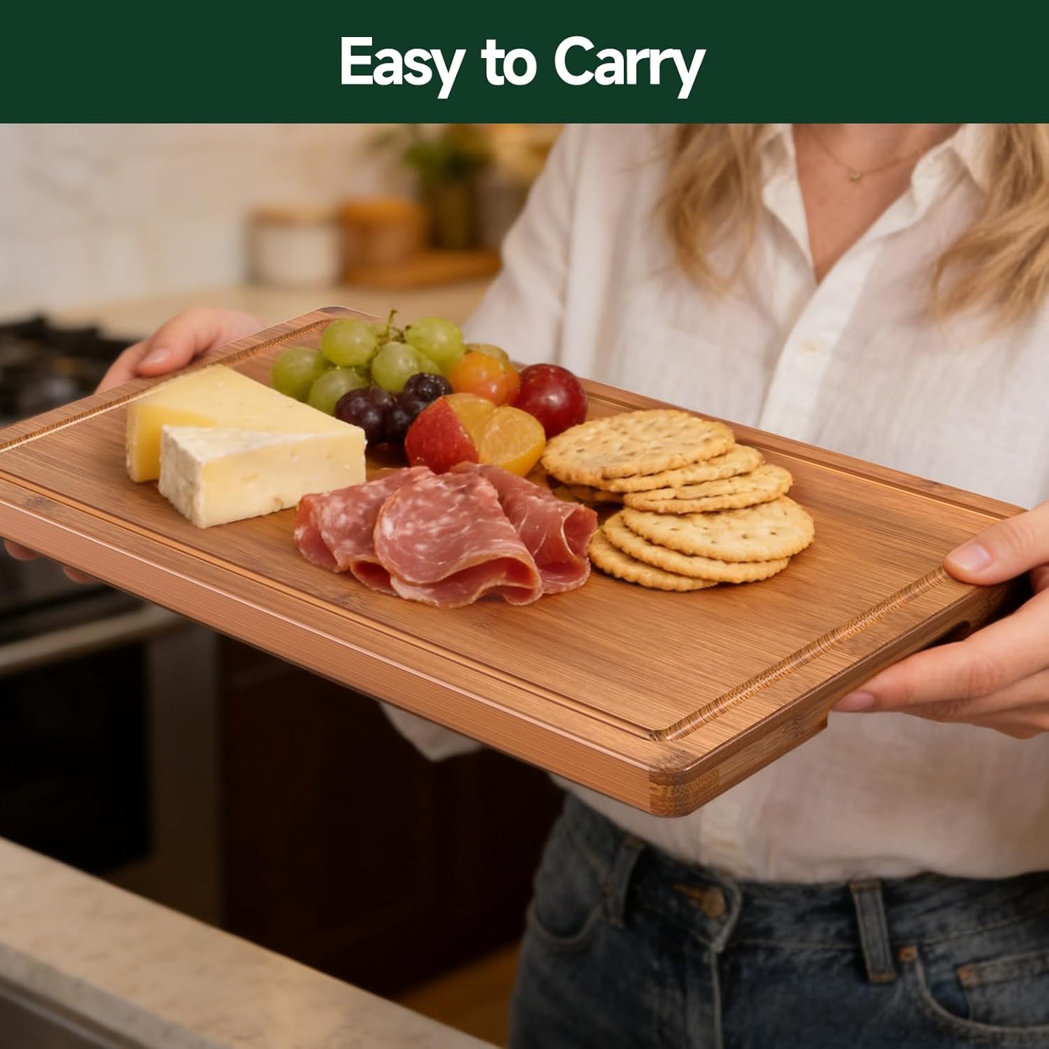 Moonval Bamboo Cutting Board Set, 3-Piece Carbonized Wood Chopping Boards with Juice Grooves