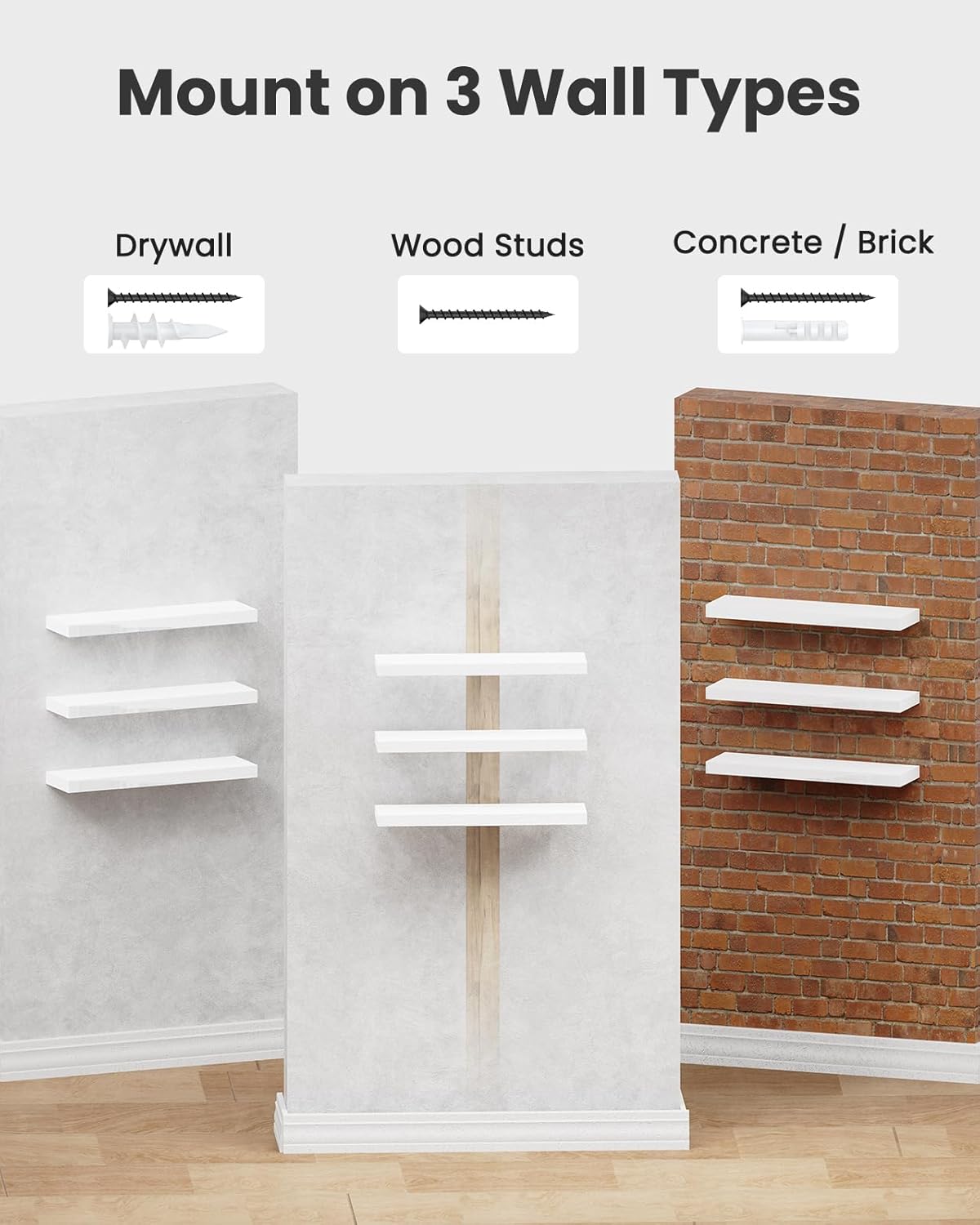 Moonval Floating Wall Shelves, Set of 3 White Storage & Display Shelves with Invisible Brackets